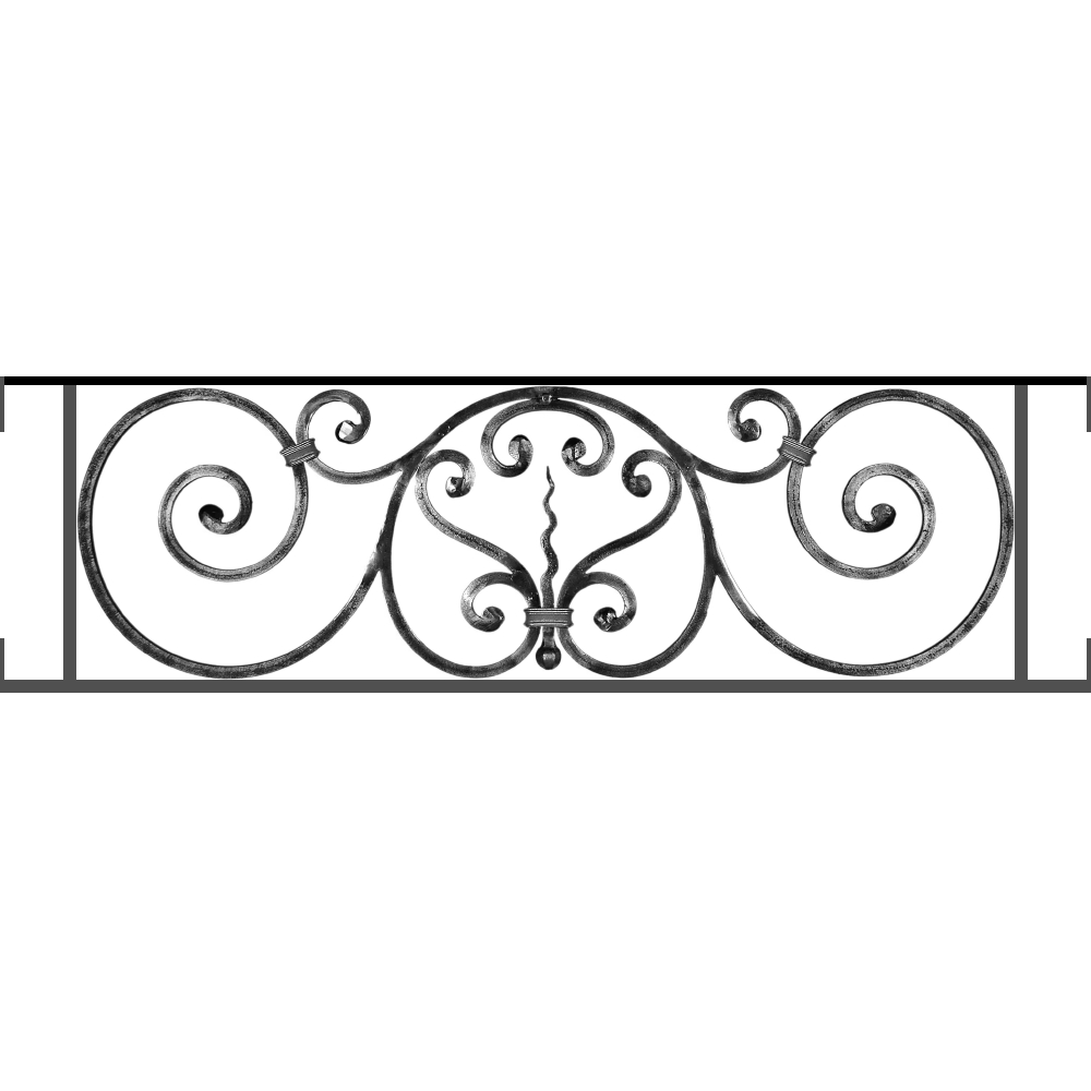 Appui de fenêtre type AF011 à visser dans votre tableau de fenêtre. Longueur finie de 1000mm et Hauteur finie de 290mm. Convient pour les tableaux de fenêtre de 1000mm. Main courante laminée de 1000mm de long en fer forgé sur le dessus. Motif au centre de 860mm de long par 270mm de haut. Le reste de la structure est en acier carré plein de 12mm de section.