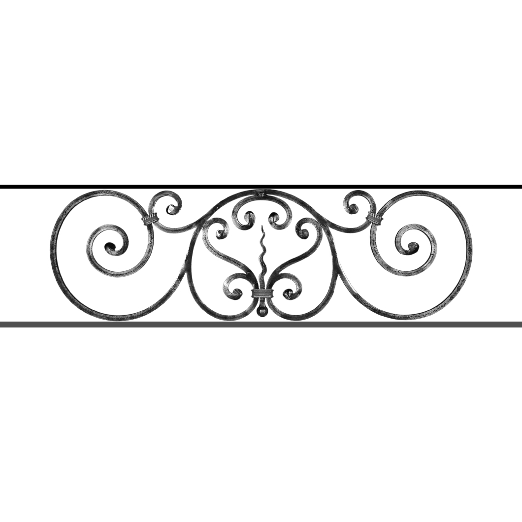 Appui de fenêtre type AF011 à sceller dans votre tableau de fenêtre. Longueur finie de 1060mm et Hauteur finie de 290mm. Convient pour les tableaux de fenêtre de 960mm. 50mm de scellement sont prévue de chaque côté. Main courante laminée de 960mm de long en fer forgé sur le dessus. Motif au centre de 860mm de long par 270mm de haut. Le reste de la structure est en acier carré plein de 12mm de section.