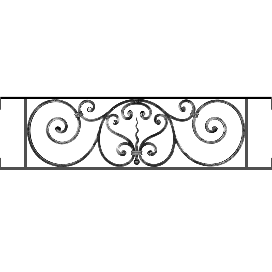 Appui de fenêtre type AF011 à visser dans votre tableau de fenêtre. Longueur finie de 1070mm et Hauteur finie de 290mm. Convient pour les tableaux de fenêtre de 1070mm. Main courante laminée de 1070mm de long en fer forgé sur le dessus. Motif au centre de 860mm de long par 270mm de haut. Le reste de la structure est en acier carré plein de 12mm de section.
