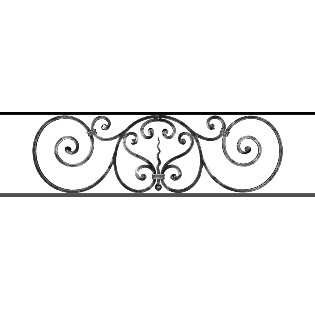 Appui de fenêtre type AF011 à sceller dans votre tableau de fenêtre. Longueur finie de 1080mm et Hauteur finie de 290mm. Convient pour les tableaux de fenêtre de 980mm. 50mm de scellement sont prévue de chaque côté. Main courante laminée de 980mm de long en fer forgé sur le dessus. Motif au centre de 860mm de long par 270mm de haut. Le reste de la structure est en acier carré plein de 12mm de section.