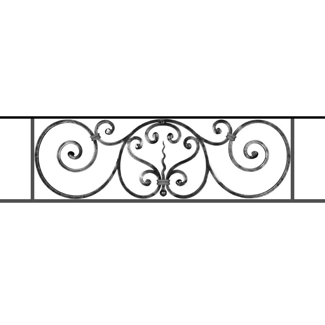 Appui de fenêtre type AF011 à sceller dans votre tableau de fenêtre. Longueur finie de 1090mm et Hauteur finie de 290mm. Convient pour les tableaux de fenêtre de 990mm. 50mm de scellement sont prévue de chaque côté. Main courante laminée de 990mm de long en fer forgé sur le dessus. Motif au centre de 860mm de long par 270mm de haut. Le reste de la structure est en acier carré plein de 12mm de section.