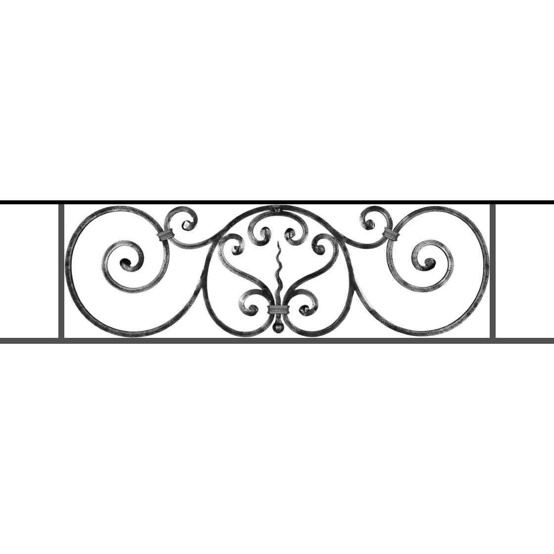 Appui de fenêtre type AF011 à sceller dans votre tableau de fenêtre. Longueur finie de 1120mm et Hauteur finie de 290mm. Convient pour les tableaux de fenêtre de 1020mm. 50mm de scellement sont prévue de chaque côté. Main courante laminée de 1020mm de long en fer forgé sur le dessus. Motif au centre de 860mm de long par 270mm de haut. Le reste de la structure est en acier carré plein de 12mm de section.