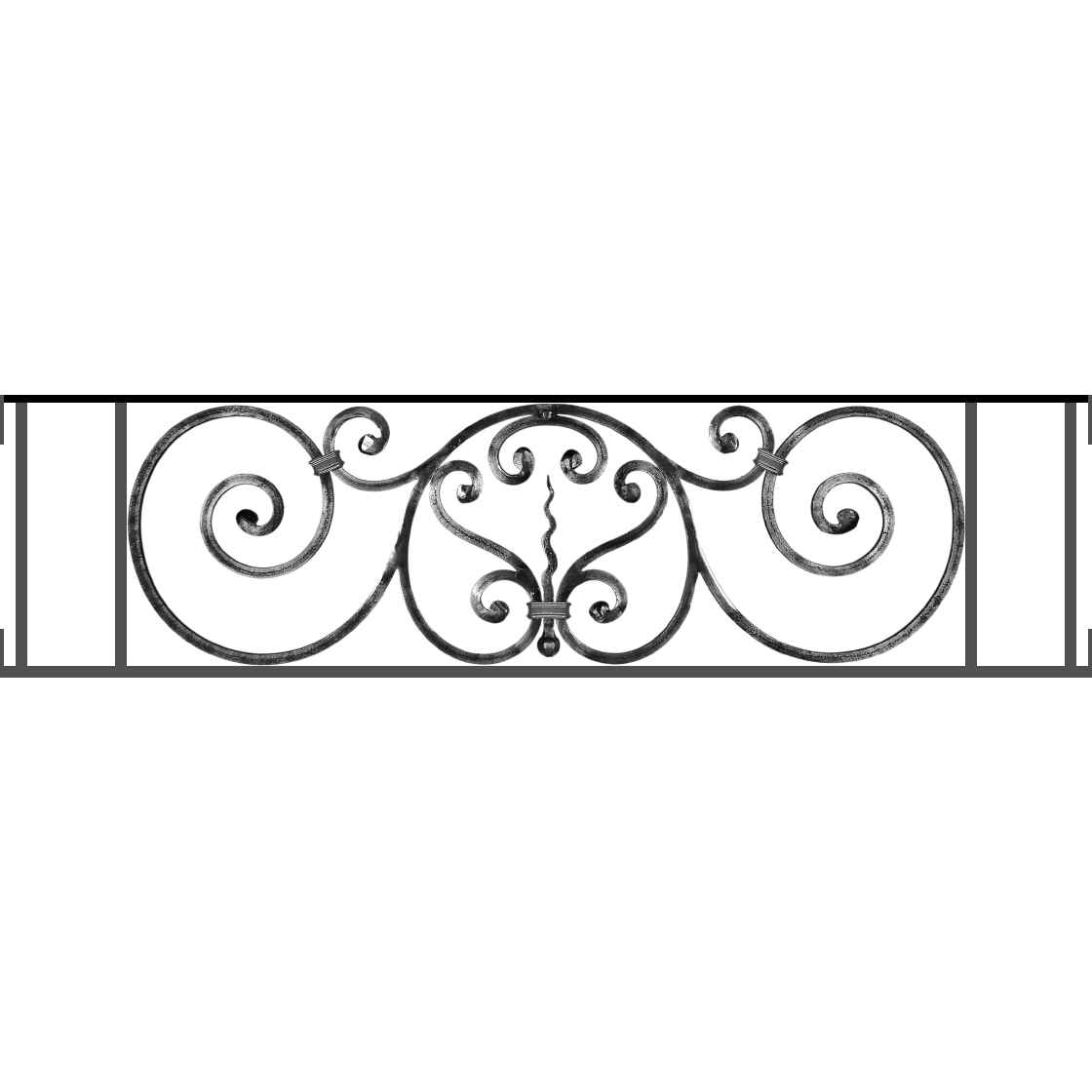Appui de fenêtre type AF011 à visser dans votre tableau de fenêtre. Longueur finie de 1120mm et Hauteur finie de 290mm. Convient pour les tableaux de fenêtre de 1120mm. Main courante laminée de 1120mm de long en fer forgé sur le dessus. Motif au centre de 860mm de long par 270mm de haut. Le reste de la structure est en acier carré plein de 12mm de section.