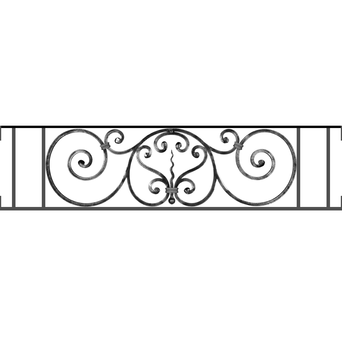 Appui de fenêtre type AF011 à visser dans votre tableau de fenêtre. Longueur finie de 1170mm et Hauteur finie de 290mm. Convient pour les tableaux de fenêtre de 1170mm. Main courante laminée de 1170mm de long en fer forgé sur le dessus. Motif au centre de 860mm de long par 270mm de haut. Le reste de la structure est en acier carré plein de 12mm de section.