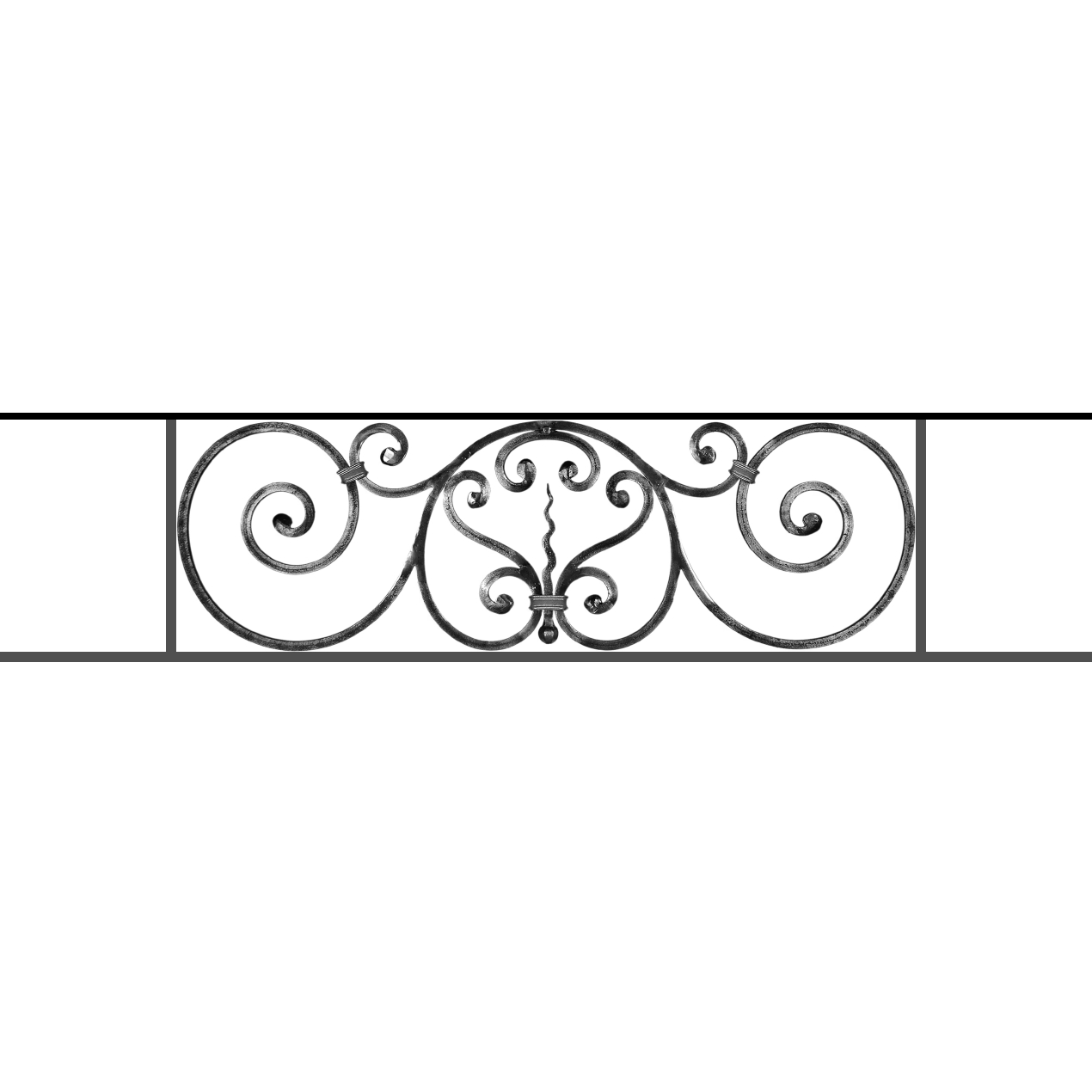Appui de fenêtre type AF011 à sceller dans votre tableau de fenêtre. Longueur finie de 1270mm et Hauteur finie de 290mm. Convient pour les tableaux de fenêtre de 1170mm. 50mm de scellement sont prévue de chaque côté. Main courante laminée de 1170mm de long en fer forgé sur le dessus. Motif au centre de 860mm de long par 270mm de haut. Le reste de la structure est en acier carré plein de 12mm de section.