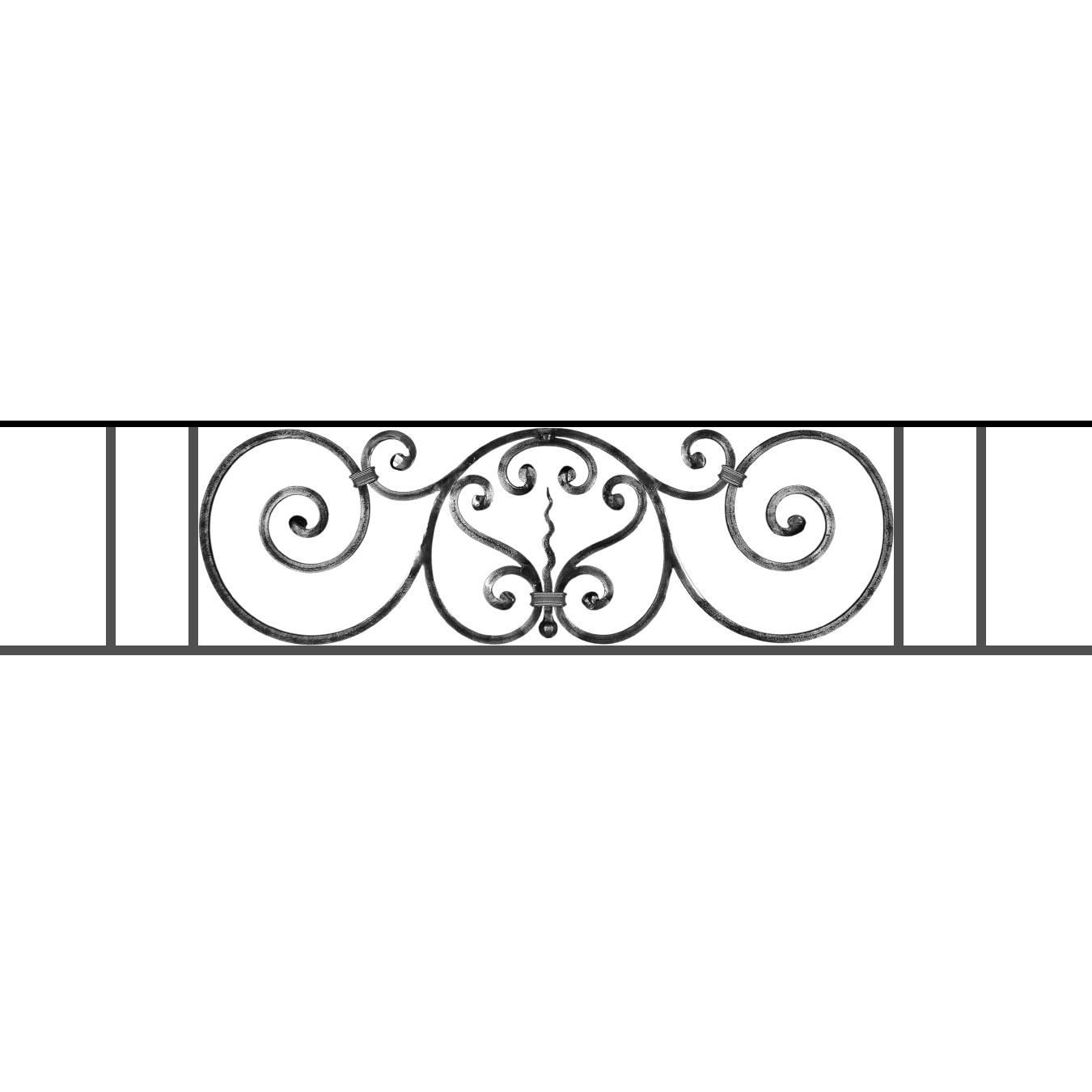 Appui de fenêtre type AF011 à sceller dans votre tableau de fenêtre. Longueur finie de 1350mm et Hauteur finie de 290mm. Convient pour les tableaux de fenêtre de 1250mm. 50mm de scellement sont prévue de chaque côté. Main courante laminée de 1250mm de long en fer forgé sur le dessus. Motif au centre de 860mm de long par 270mm de haut. Le reste de la structure est en acier carré plein de 12mm de section.