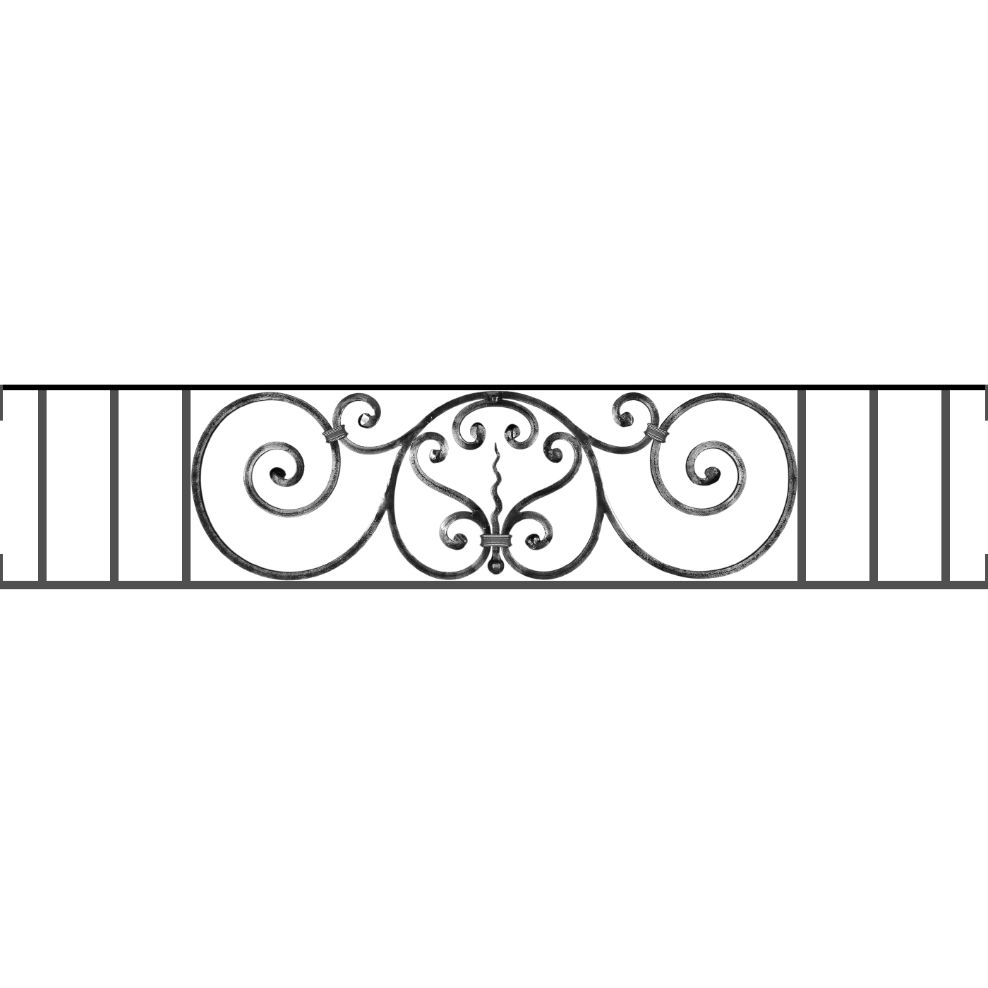 Appui de fenêtre type AF011 à visser dans votre tableau de fenêtre. Longueur finie de 1400mm et Hauteur finie de 290mm. Convient pour les tableaux de fenêtre de 1400mm. Main courante laminée de 1400mm de long en fer forgé sur le dessus. Motif au centre de 860mm de long par 270mm de haut. Le reste de la structure est en acier carré plein de 12mm de section.