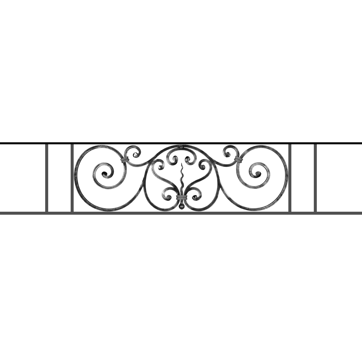 Appui de fenêtre type AF011 à sceller dans votre tableau de fenêtre. Longueur finie de 1450mm et Hauteur finie de 290mm. Convient pour les tableaux de fenêtre de 1350mm. 50mm de scellement sont prévue de chaque côté. Main courante laminée de 1350mm de long en fer forgé sur le dessus. Motif au centre de 860mm de long par 270mm de haut. Le reste de la structure est en acier carré plein de 12mm de section.