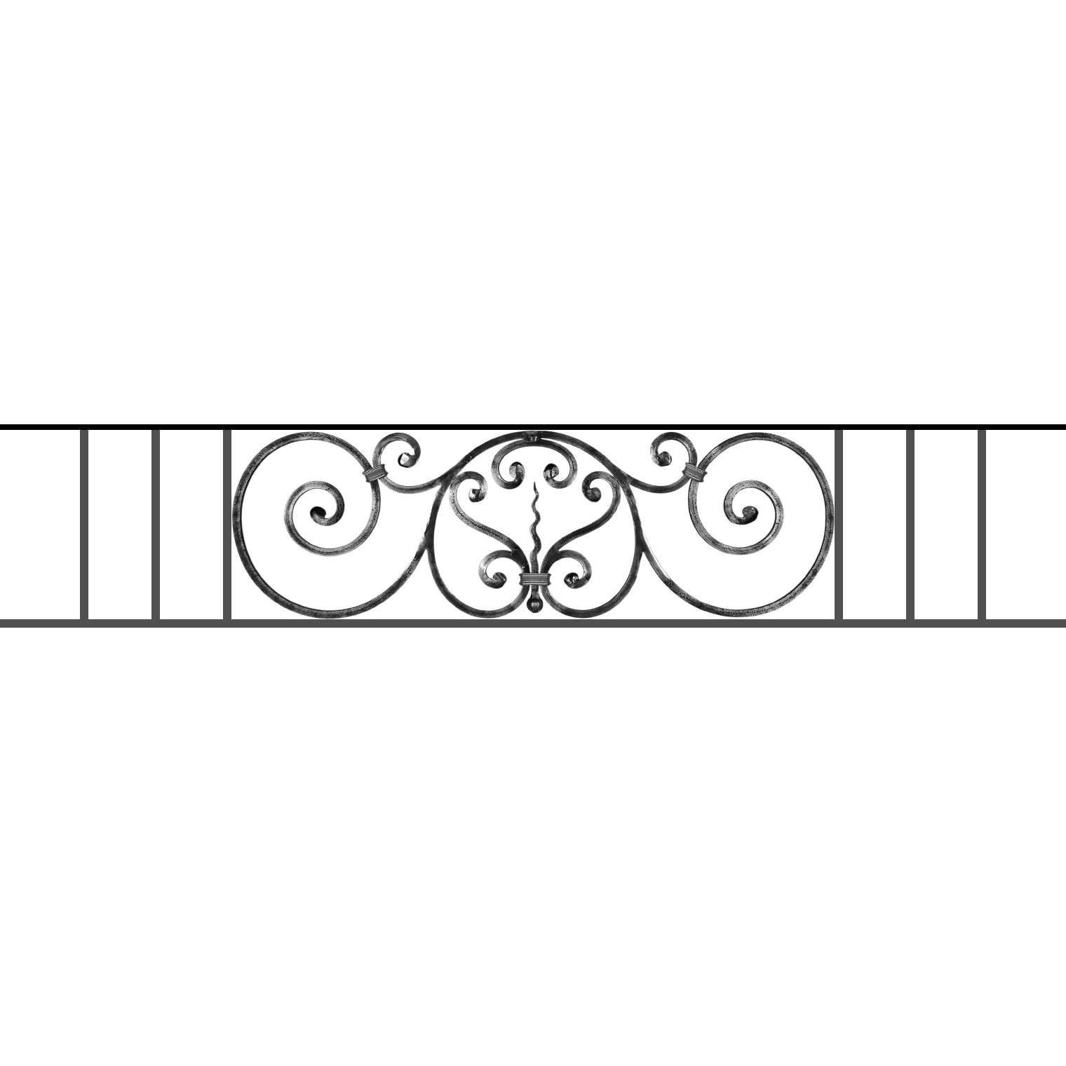 Appui de fenêtre type AF011 à sceller dans votre tableau de fenêtre. Longueur finie de 1520mm et Hauteur finie de 290mm. Convient pour les tableaux de fenêtre de 1420mm. 50mm de scellement sont prévue de chaque côté. Main courante laminée de 1420mm de long en fer forgé sur le dessus. Motif au centre de 860mm de long par 270mm de haut. Le reste de la structure est en acier carré plein de 12mm de section.