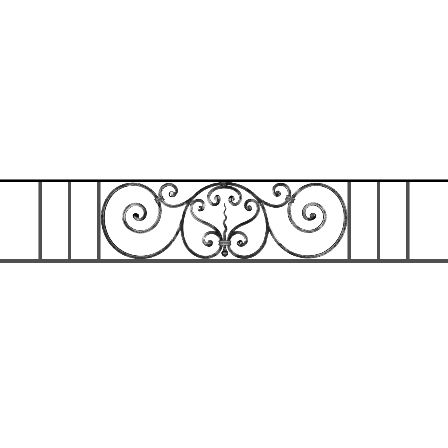 Appui de fenêtre type AF011 à sceller dans votre tableau de fenêtre. Longueur finie de 1560mm et Hauteur finie de 290mm. Convient pour les tableaux de fenêtre de 1460mm. 50mm de scellement sont prévue de chaque côté. Main courante laminée de 1460mm de long en fer forgé sur le dessus. Motif au centre de 860mm de long par 270mm de haut. Le reste de la structure est en acier carré plein de 12mm de section.