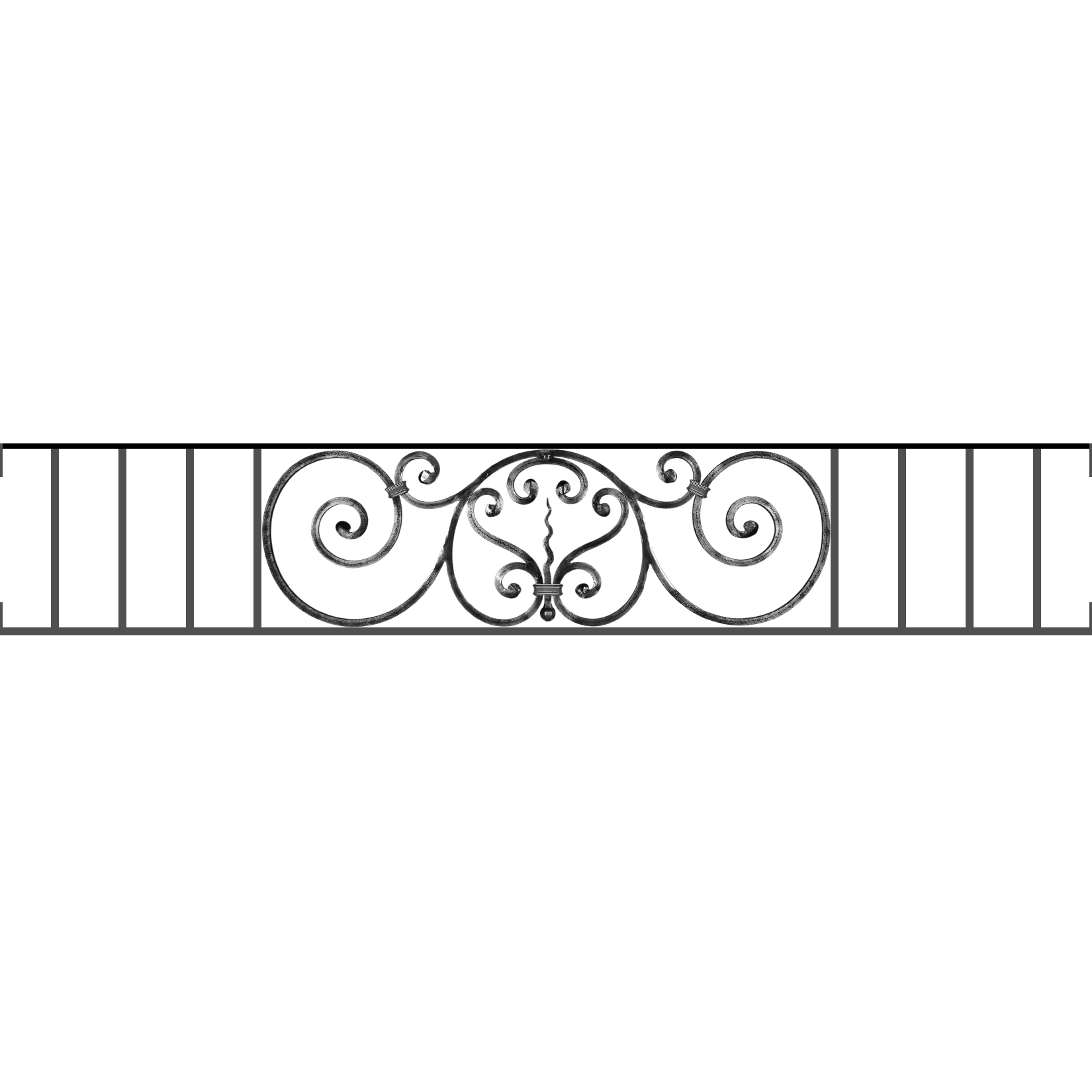 Appui de fenêtre type AF011 à visser dans votre tableau de fenêtre. Longueur finie de 1650mm et Hauteur finie de 290mm. Convient pour les tableaux de fenêtre de 1650mm. Main courante laminée de 1650mm de long en fer forgé sur le dessus. Motif au centre de 860mm de long par 270mm de haut. Le reste de la structure est en acier carré plein de 12mm de section.