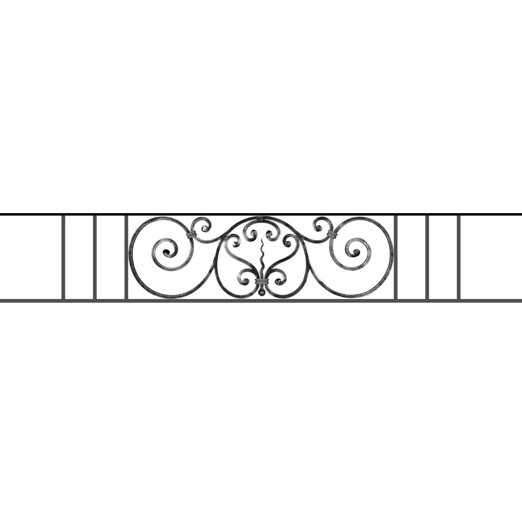 Appui de fenêtre type AF011 à sceller dans votre tableau de fenêtre. Longueur finie de 1690mm et Hauteur finie de 290mm. Convient pour les tableaux de fenêtre de 1590mm. 50mm de scellement sont prévue de chaque côté. Main courante laminée de 1590mm de long en fer forgé sur le dessus. Motif au centre de 860mm de long par 270mm de haut. Le reste de la structure est en acier carré plein de 12mm de section.