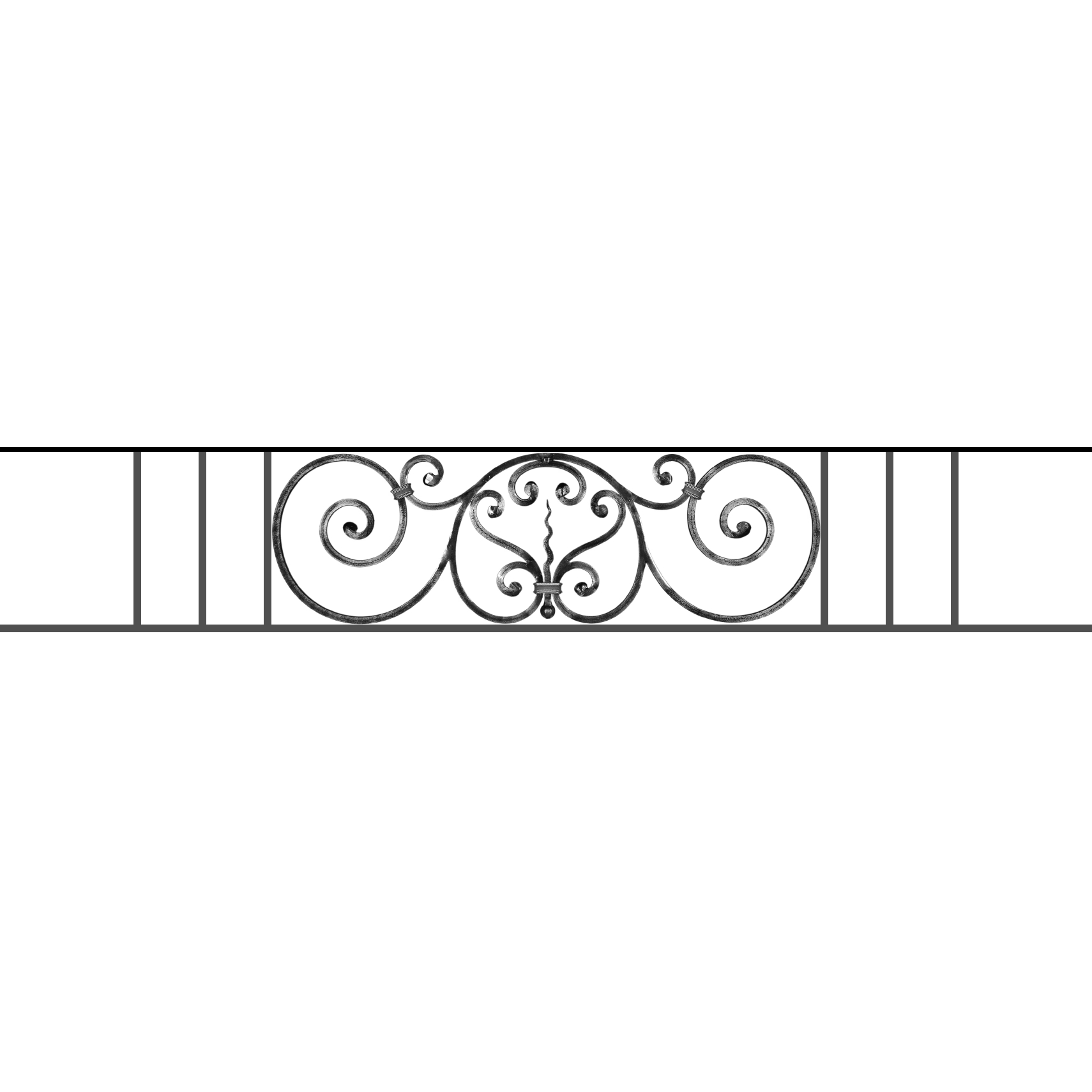Appui de fenêtre type AF011 à sceller dans votre tableau de fenêtre. Longueur finie de 1710mm et Hauteur finie de 290mm. Convient pour les tableaux de fenêtre de 1610mm. 50mm de scellement sont prévue de chaque côté. Main courante laminée de 1610mm de long en fer forgé sur le dessus. Motif au centre de 860mm de long par 270mm de haut. Le reste de la structure est en acier carré plein de 12mm de section.