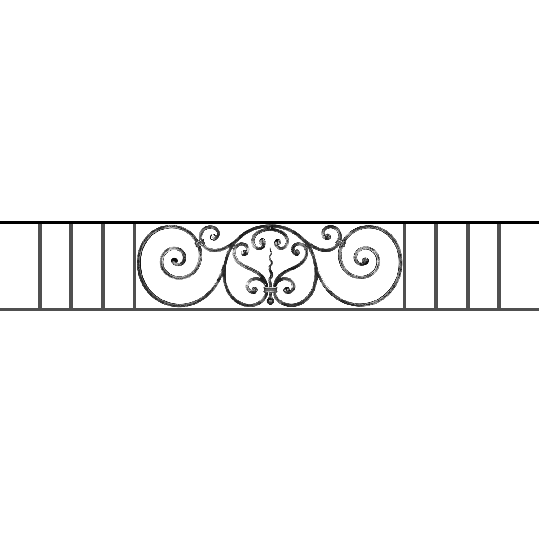 Appui de fenêtre type AF011 à sceller dans votre tableau de fenêtre. Longueur finie de 1740mm et Hauteur finie de 290mm. Convient pour les tableaux de fenêtre de 1640mm. 50mm de scellement sont prévue de chaque côté. Main courante laminée de 1640mm de long en fer forgé sur le dessus. Motif au centre de 860mm de long par 270mm de haut. Le reste de la structure est en acier carré plein de 12mm de section.