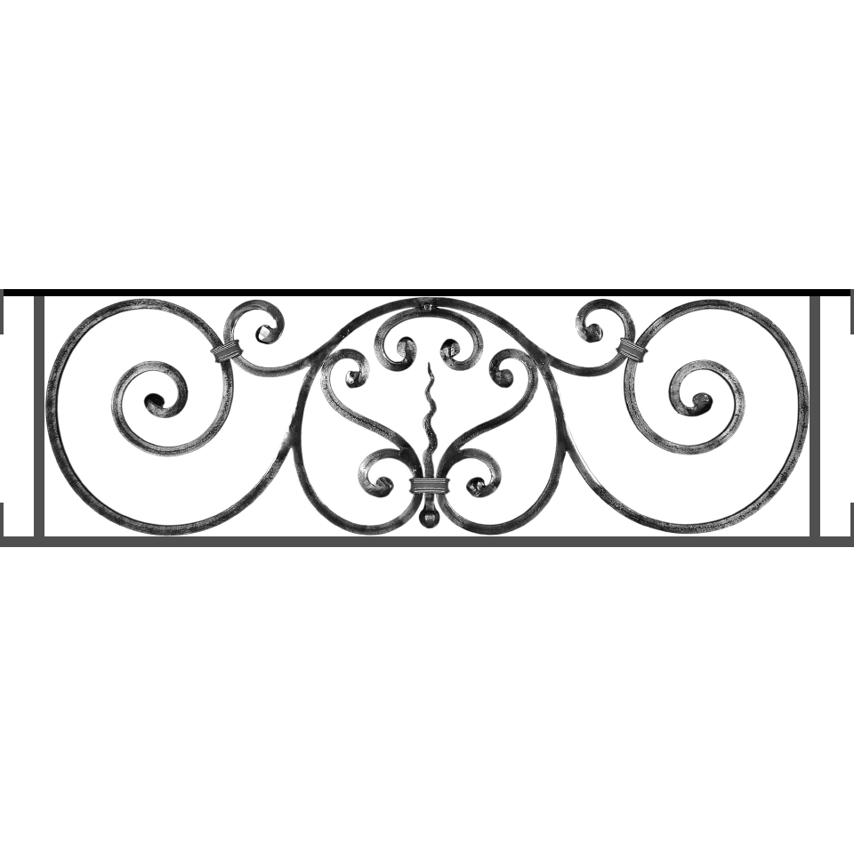 Appui de fenêtre type AF011 à visser dans votre tableau de fenêtre. Longueur finie de 960mm et Hauteur finie de 290mm. Convient pour les tableaux de fenêtre de 960mm. Main courante laminée de 960mm de long en fer forgé sur le dessus. Motif au centre de 860mm de long par 270mm de haut. Le reste de la structure est en acier carré plein de 12mm de section.