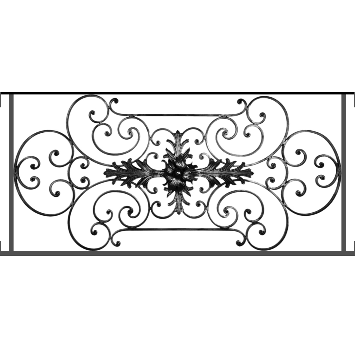 Appui de fenêtre type AF012 à visser dans votre tableau de fenêtre. Longueur finie de 1180mm et Hauteur finie de 544mm. Convient pour les tableaux de fenêtre de 1180mm. Main courante laminée de 1180mm de long en fer forgé sur le dessus. Motif au centre de 1090mm de long par 520mm de haut. Le reste de la structure est en tube acier carré de 16mm de section.