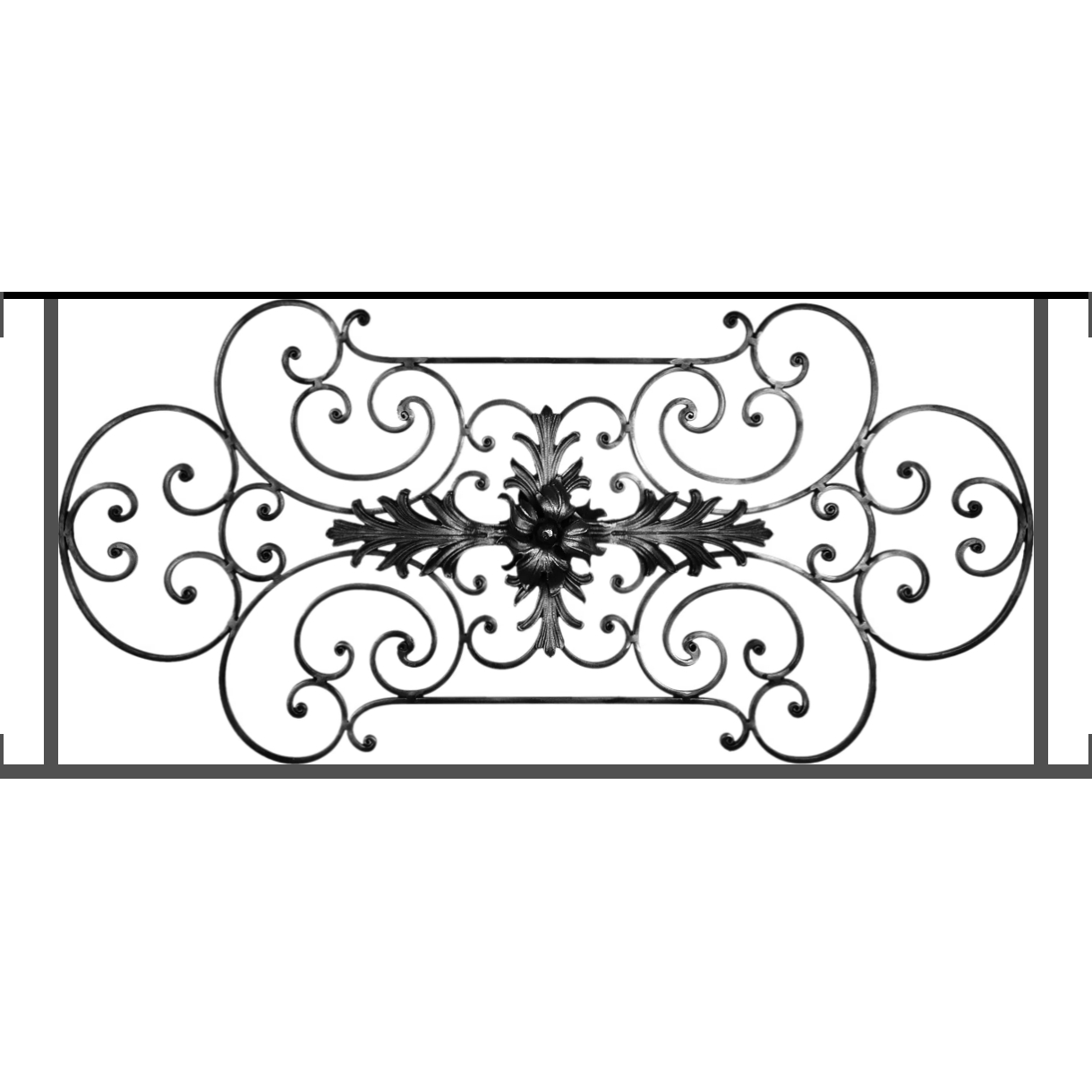 Appui de fenêtre type AF012 à visser dans votre tableau de fenêtre. Longueur finie de 1220mm et Hauteur finie de 544mm. Convient pour les tableaux de fenêtre de 1220mm. Main courante laminée de 1220mm de long en fer forgé sur le dessus. Motif au centre de 1090mm de long par 520mm de haut. Le reste de la structure est en tube acier carré de 16mm de section.