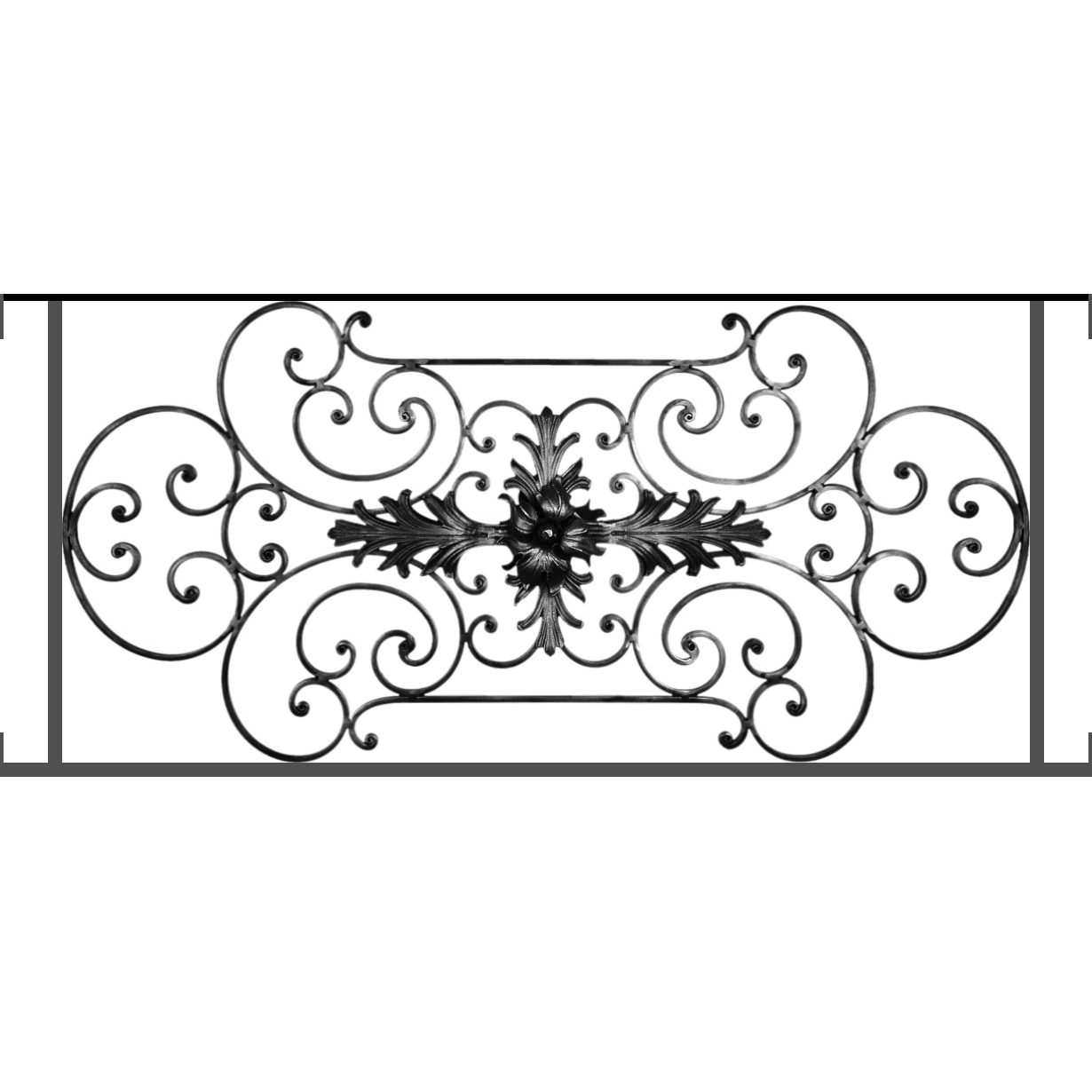 Appui de fenêtre type AF012 à visser dans votre tableau de fenêtre. Longueur finie de 1230mm et Hauteur finie de 544mm. Convient pour les tableaux de fenêtre de 1230mm. Main courante laminée de 1230mm de long en fer forgé sur le dessus. Motif au centre de 1090mm de long par 520mm de haut. Le reste de la structure est en tube acier carré de 16mm de section.