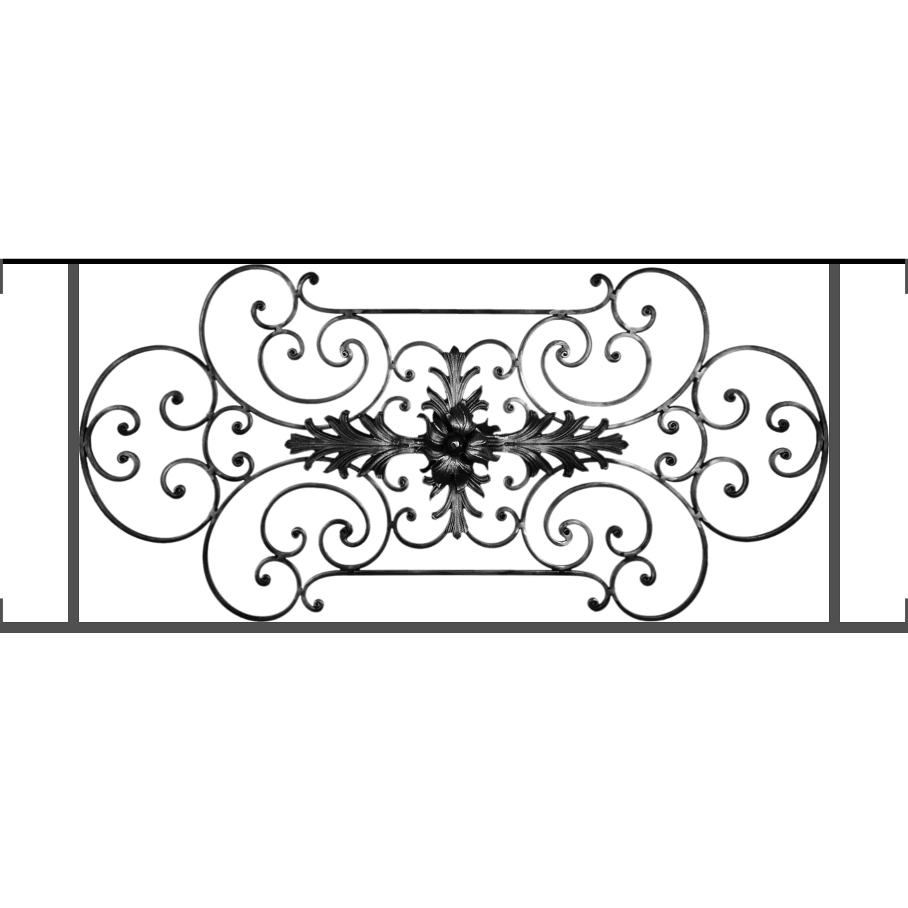 Appui de fenêtre type AF012 à visser dans votre tableau de fenêtre. Longueur finie de 1320mm et Hauteur finie de 544mm. Convient pour les tableaux de fenêtre de 1320mm. Main courante laminée de 1320mm de long en fer forgé sur le dessus. Motif au centre de 1090mm de long par 520mm de haut. Le reste de la structure est en tube acier carré de 16mm de section.