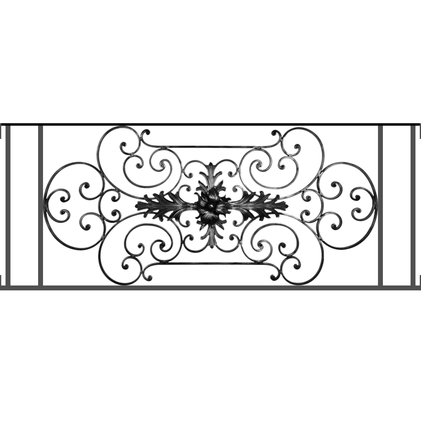 Appui de fenêtre type AF012 à visser dans votre tableau de fenêtre. Longueur finie de 1370mm et Hauteur finie de 544mm. Convient pour les tableaux de fenêtre de 1370mm. Main courante laminée de 1370mm de long en fer forgé sur le dessus. Motif au centre de 1090mm de long par 520mm de haut. Le reste de la structure est en tube acier carré de 16mm de section.
