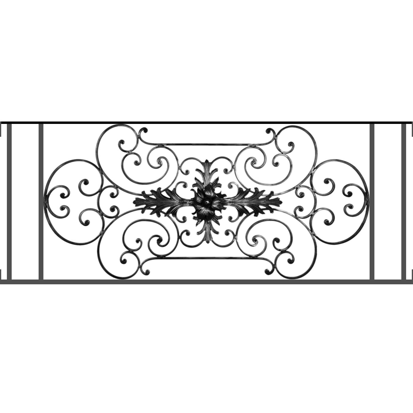 Appui de fenêtre type AF012 à visser dans votre tableau de fenêtre. Longueur finie de 1380mm et Hauteur finie de 544mm. Convient pour les tableaux de fenêtre de 1380mm. Main courante laminée de 1380mm de long en fer forgé sur le dessus. Motif au centre de 1090mm de long par 520mm de haut. Le reste de la structure est en tube acier carré de 16mm de section.