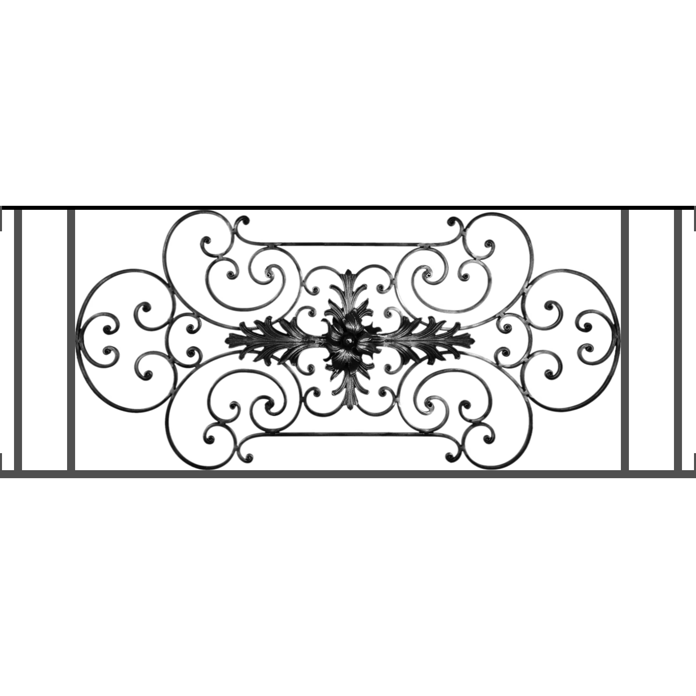 Appui de fenêtre type AF012 à visser dans votre tableau de fenêtre. Longueur finie de 1390mm et Hauteur finie de 544mm. Convient pour les tableaux de fenêtre de 1390mm. Main courante laminée de 1390mm de long en fer forgé sur le dessus. Motif au centre de 1090mm de long par 520mm de haut. Le reste de la structure est en tube acier carré de 16mm de section.