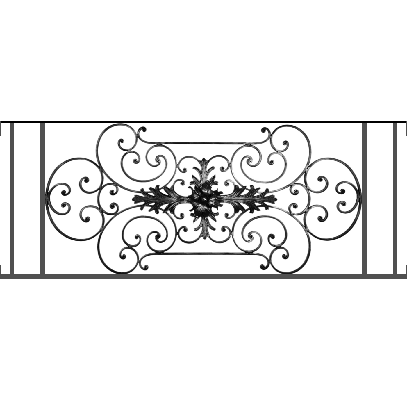 Appui de fenêtre type AF012 à visser dans votre tableau de fenêtre. Longueur finie de 1400mm et Hauteur finie de 544mm. Convient pour les tableaux de fenêtre de 1400mm. Main courante laminée de 1400mm de long en fer forgé sur le dessus. Motif au centre de 1090mm de long par 520mm de haut. Le reste de la structure est en tube acier carré de 16mm de section.