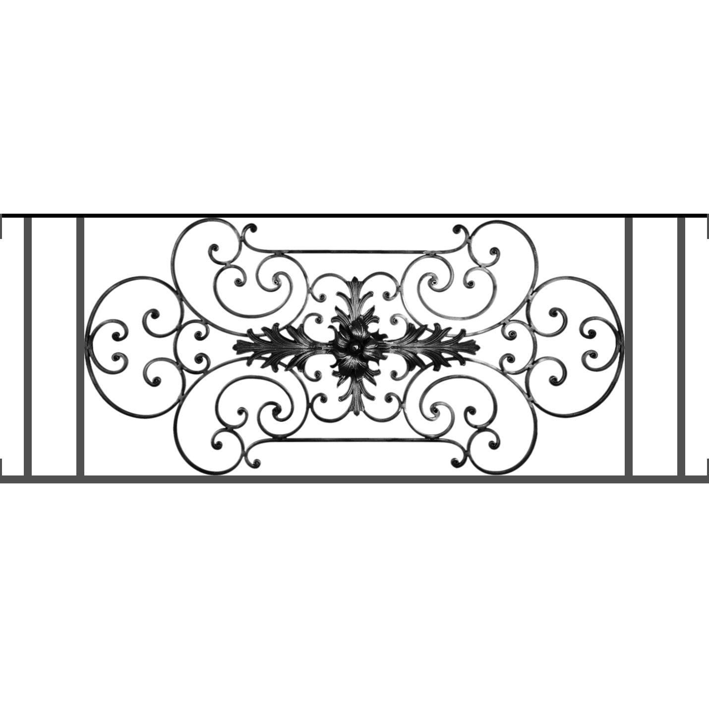 Appui de fenêtre type AF012 à visser dans votre tableau de fenêtre. Longueur finie de 1430mm et Hauteur finie de 544mm. Convient pour les tableaux de fenêtre de 1430mm. Main courante laminée de 1430mm de long en fer forgé sur le dessus. Motif au centre de 1090mm de long par 520mm de haut. Le reste de la structure est en tube acier carré de 16mm de section.
