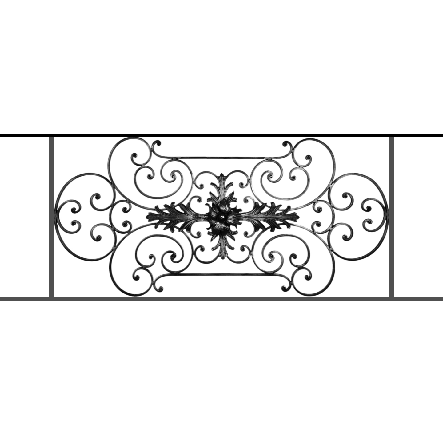 Appui de fenêtre type AF012 à sceller dans votre tableau de fenêtre. Longueur finie de 1440mm et Hauteur finie de 544mm. Convient pour les tableaux de fenêtre de 1340mm. 50mm de scellement sont prévue de chaque côté. Main courante laminée de 1340mm de long en fer forgé sur le dessus. Motif au centre de 1090mm de long par 520mm de haut. Le reste de la structure est en tube acier carré de 16mm de section.