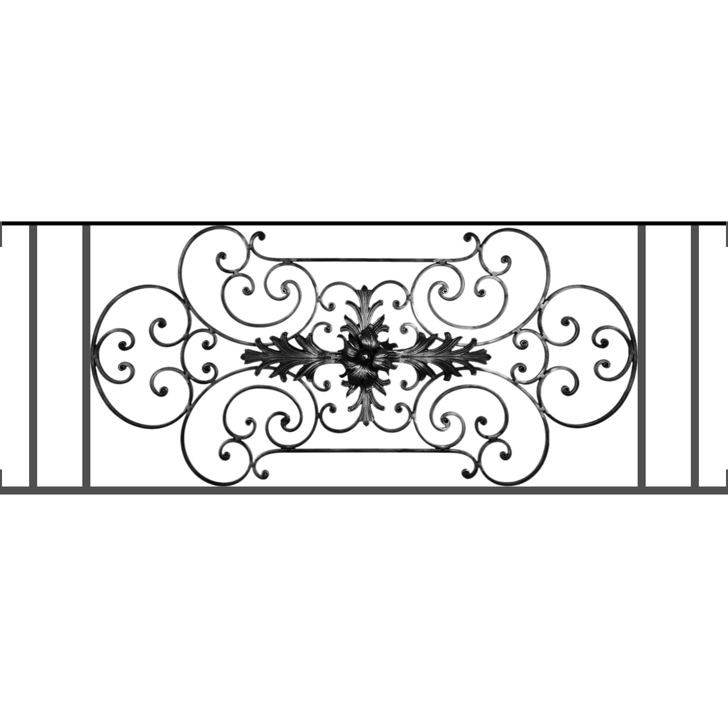 Appui de fenêtre type AF012 à visser dans votre tableau de fenêtre. Longueur finie de 1450mm et Hauteur finie de 544mm. Convient pour les tableaux de fenêtre de 1450mm. Main courante laminée de 1450mm de long en fer forgé sur le dessus. Motif au centre de 1090mm de long par 520mm de haut. Le reste de la structure est en tube acier carré de 16mm de section.