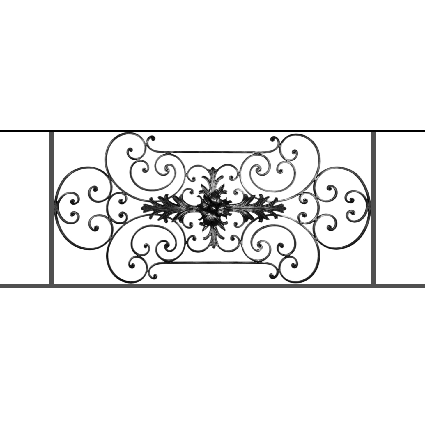 Appui de fenêtre type AF012 à sceller dans votre tableau de fenêtre. Longueur finie de 1460mm et Hauteur finie de 544mm. Convient pour les tableaux de fenêtre de 1360mm. 50mm de scellement sont prévue de chaque côté. Main courante laminée de 1360mm de long en fer forgé sur le dessus. Motif au centre de 1090mm de long par 520mm de haut. Le reste de la structure est en tube acier carré de 16mm de section.