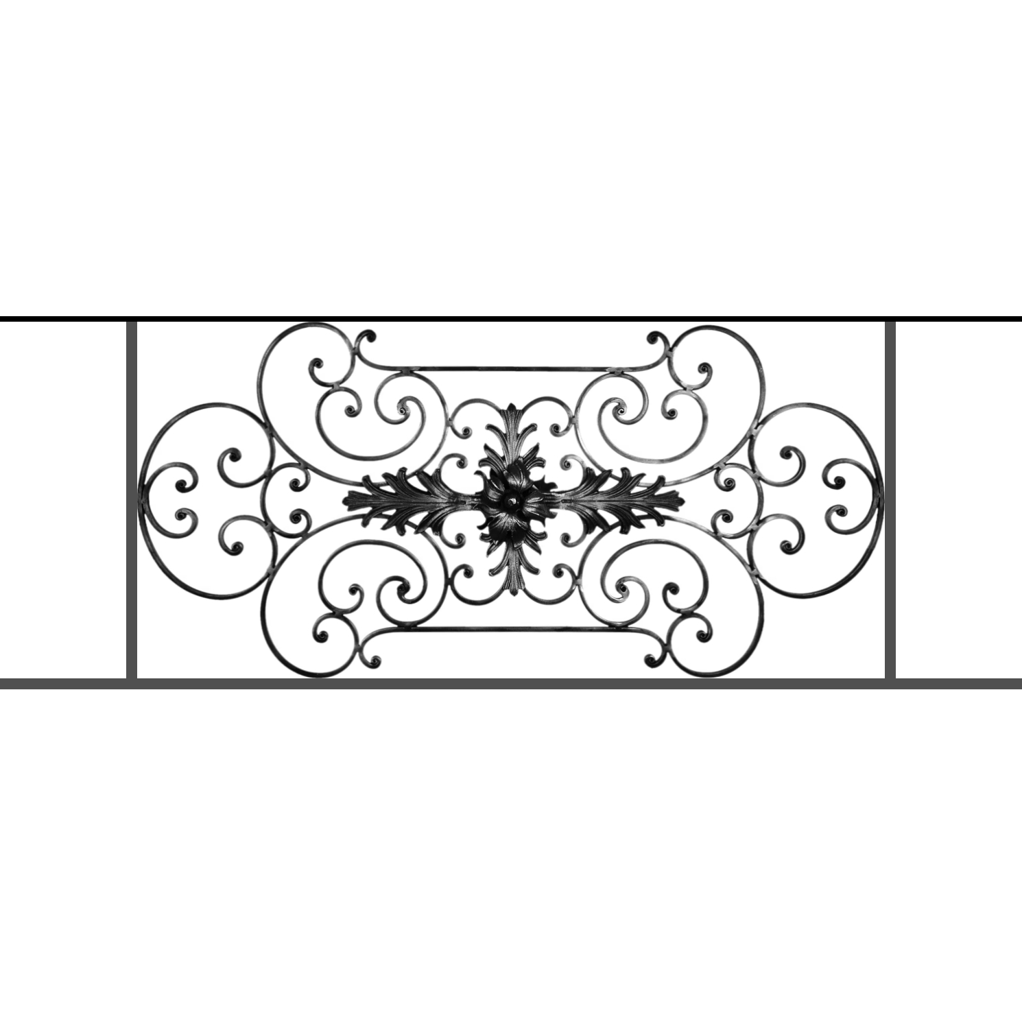 Appui de fenêtre type AF012 à sceller dans votre tableau de fenêtre. Longueur finie de 1490mm et Hauteur finie de 544mm. Convient pour les tableaux de fenêtre de 1390mm. 50mm de scellement sont prévue de chaque côté. Main courante laminée de 1390mm de long en fer forgé sur le dessus. Motif au centre de 1090mm de long par 520mm de haut. Le reste de la structure est en tube acier carré de 16mm de section.