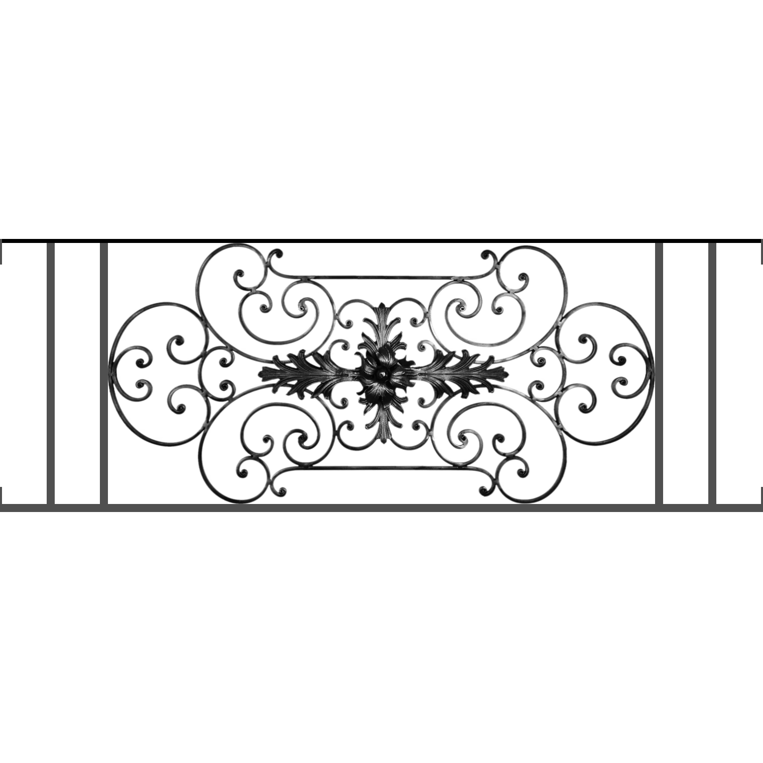 Appui de fenêtre type AF012 à visser dans votre tableau de fenêtre. Longueur finie de 1520mm et Hauteur finie de 544mm. Convient pour les tableaux de fenêtre de 1520mm. Main courante laminée de 1520mm de long en fer forgé sur le dessus. Motif au centre de 1090mm de long par 520mm de haut. Le reste de la structure est en tube acier carré de 16mm de section.