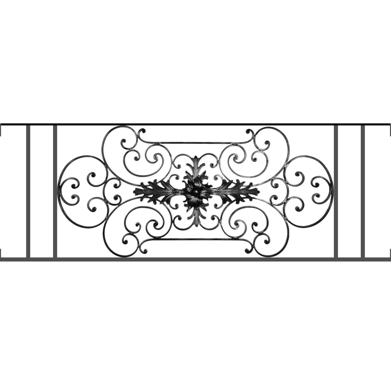 Appui de fenêtre type AF012 à visser dans votre tableau de fenêtre. Longueur finie de 1540mm et Hauteur finie de 544mm. Convient pour les tableaux de fenêtre de 1540mm. Main courante laminée de 1540mm de long en fer forgé sur le dessus. Motif au centre de 1090mm de long par 520mm de haut. Le reste de la structure est en tube acier carré de 16mm de section.