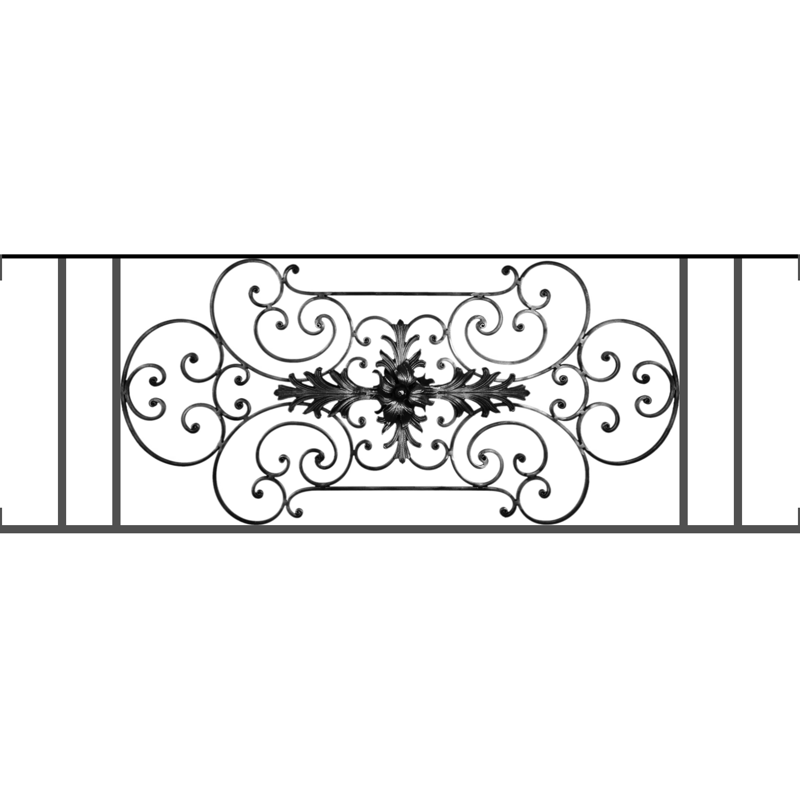 Appui de fenêtre type AF012 à visser dans votre tableau de fenêtre. Longueur finie de 1560mm et Hauteur finie de 544mm. Convient pour les tableaux de fenêtre de 1560mm. Main courante laminée de 1560mm de long en fer forgé sur le dessus. Motif au centre de 1090mm de long par 520mm de haut. Le reste de la structure est en tube acier carré de 16mm de section.