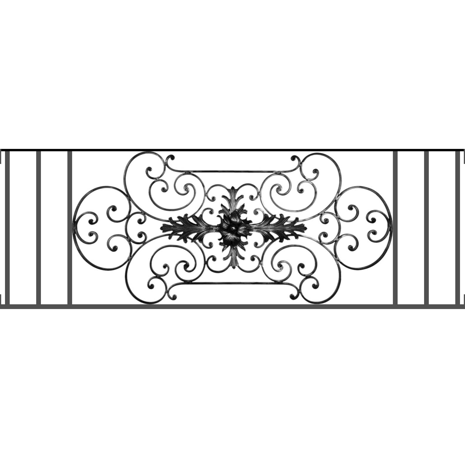 Appui de fenêtre type AF012 à visser dans votre tableau de fenêtre. Longueur finie de 1580mm et Hauteur finie de 544mm. Convient pour les tableaux de fenêtre de 1580mm. Main courante laminée de 1580mm de long en fer forgé sur le dessus. Motif au centre de 1090mm de long par 520mm de haut. Le reste de la structure est en tube acier carré de 16mm de section.