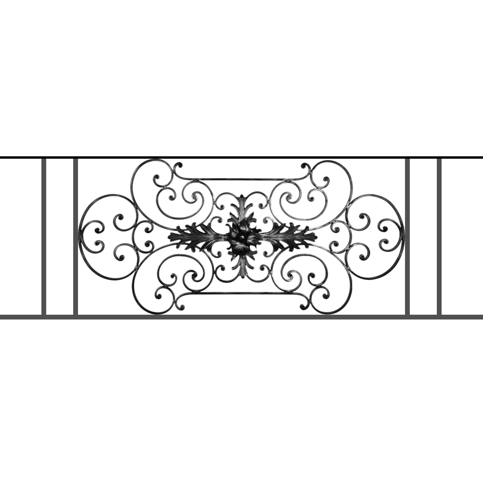 Appui de fenêtre type AF012 à sceller dans votre tableau de fenêtre. Longueur finie de 1610mm et Hauteur finie de 544mm. Convient pour les tableaux de fenêtre de 1510mm. 50mm de scellement sont prévue de chaque côté. Main courante laminée de 1510mm de long en fer forgé sur le dessus. Motif au centre de 1090mm de long par 520mm de haut. Le reste de la structure est en tube acier carré de 16mm de section.