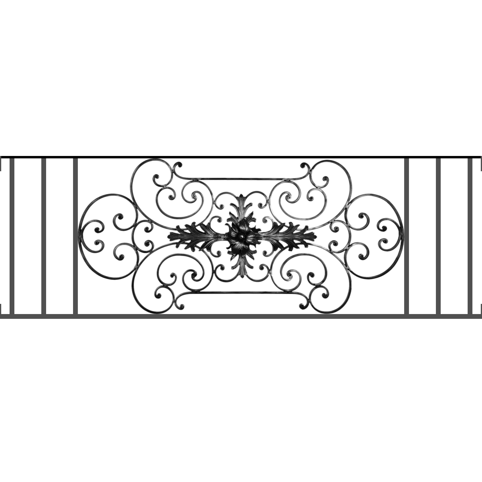 Appui de fenêtre type AF012 à visser dans votre tableau de fenêtre. Longueur finie de 1610mm et Hauteur finie de 544mm. Convient pour les tableaux de fenêtre de 1610mm. Main courante laminée de 1610mm de long en fer forgé sur le dessus. Motif au centre de 1090mm de long par 520mm de haut. Le reste de la structure est en tube acier carré de 16mm de section.