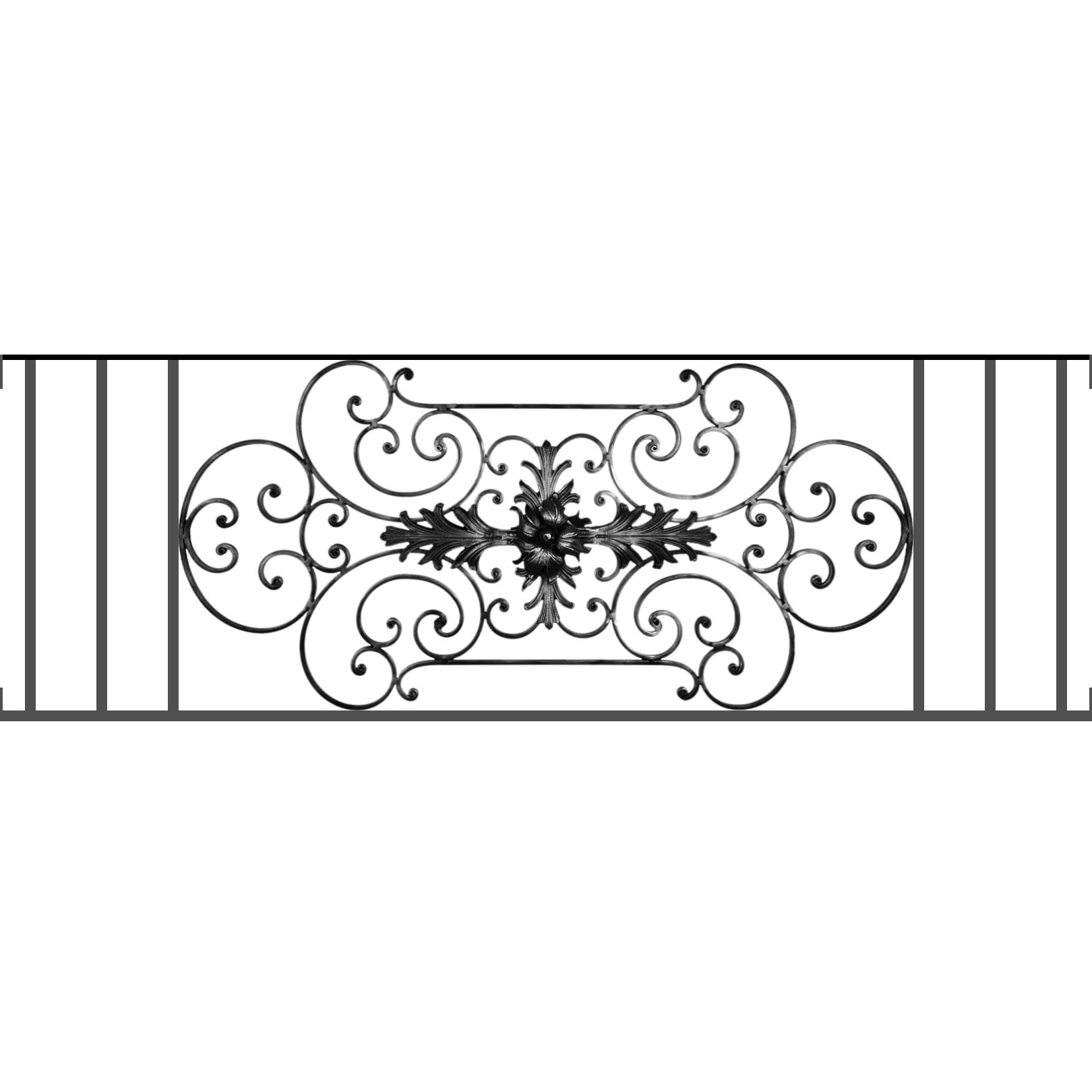 Appui de fenêtre type AF012 à visser dans votre tableau de fenêtre. Longueur finie de 1620mm et Hauteur finie de 544mm. Convient pour les tableaux de fenêtre de 1620mm. Main courante laminée de 1620mm de long en fer forgé sur le dessus. Motif au centre de 1090mm de long par 520mm de haut. Le reste de la structure est en tube acier carré de 16mm de section.