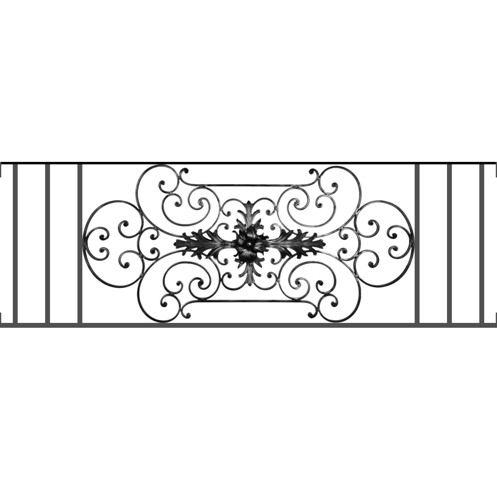 Appui de fenêtre type AF012 à visser dans votre tableau de fenêtre. Longueur finie de 1630mm et Hauteur finie de 544mm. Convient pour les tableaux de fenêtre de 1630mm. Main courante laminée de 1630mm de long en fer forgé sur le dessus. Motif au centre de 1090mm de long par 520mm de haut. Le reste de la structure est en tube acier carré de 16mm de section.