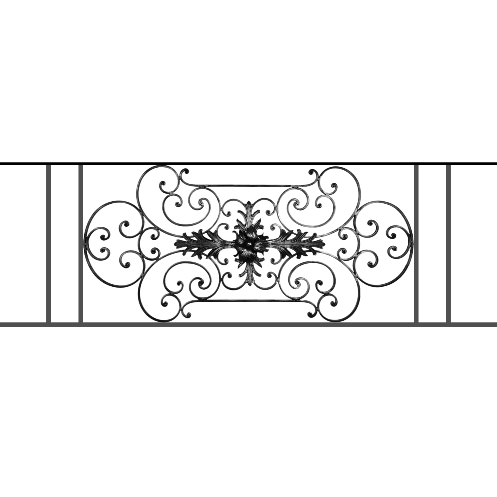 Appui de fenêtre type AF012 à sceller dans votre tableau de fenêtre. Longueur finie de 1640mm et Hauteur finie de 544mm. Convient pour les tableaux de fenêtre de 1540mm. 50mm de scellement sont prévue de chaque côté. Main courante laminée de 1540mm de long en fer forgé sur le dessus. Motif au centre de 1090mm de long par 520mm de haut. Le reste de la structure est en tube acier carré de 16mm de section.
