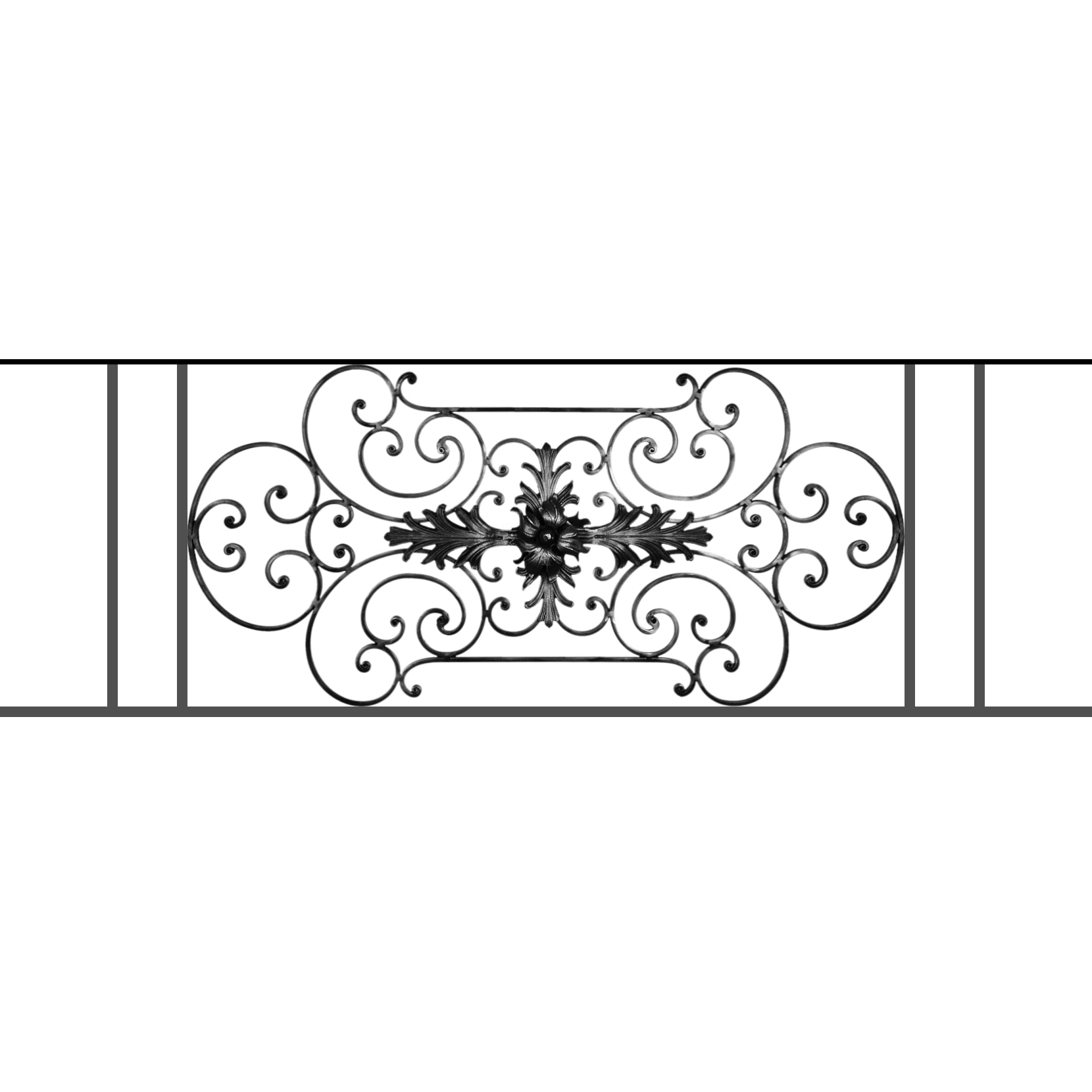 Appui de fenêtre type AF012 à sceller dans votre tableau de fenêtre. Longueur finie de 1660mm et Hauteur finie de 544mm. Convient pour les tableaux de fenêtre de 1560mm. 50mm de scellement sont prévue de chaque côté. Main courante laminée de 1560mm de long en fer forgé sur le dessus. Motif au centre de 1090mm de long par 520mm de haut. Le reste de la structure est en tube acier carré de 16mm de section.