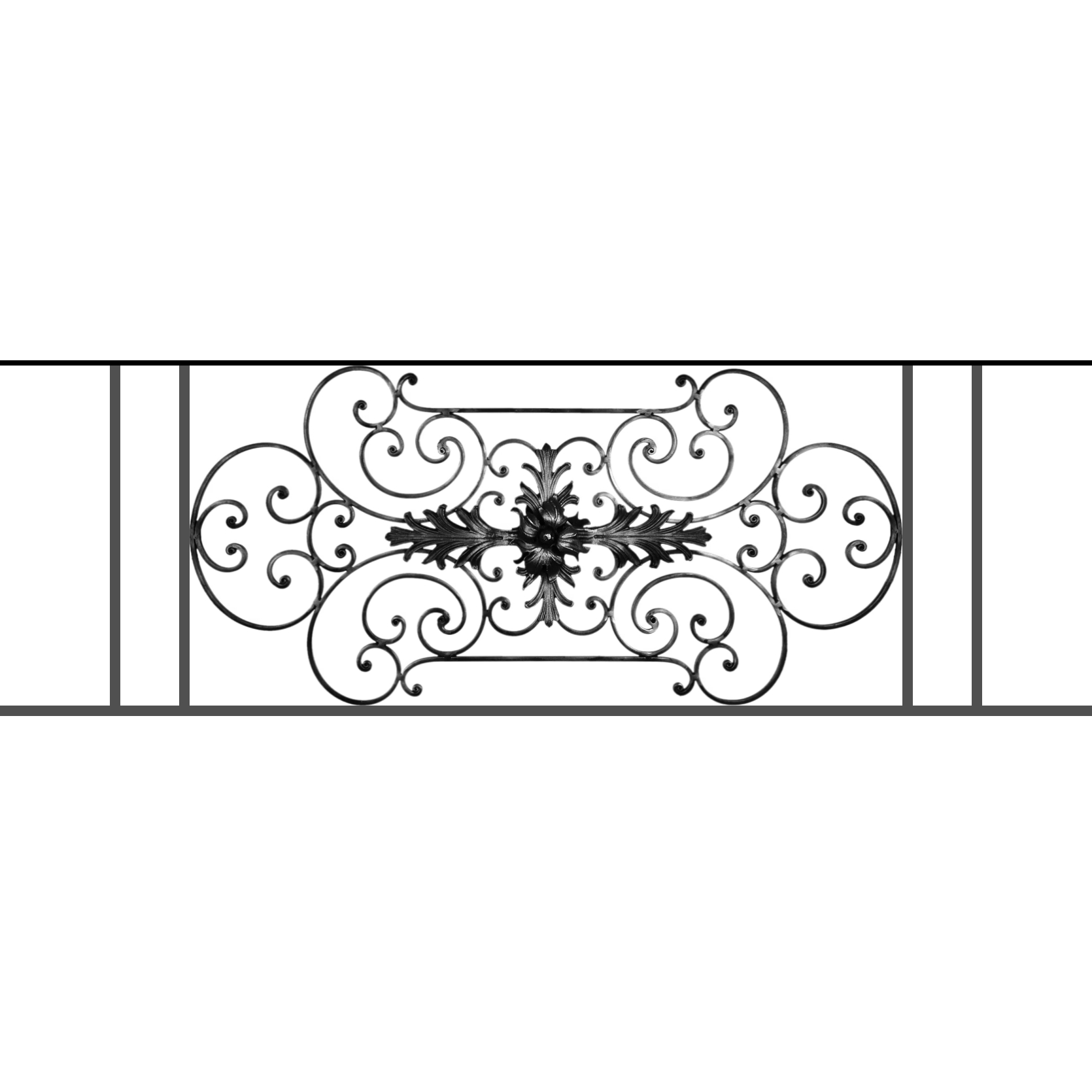 Appui de fenêtre type AF012 à sceller dans votre tableau de fenêtre. Longueur finie de 1670mm et Hauteur finie de 544mm. Convient pour les tableaux de fenêtre de 1570mm. 50mm de scellement sont prévue de chaque côté. Main courante laminée de 1570mm de long en fer forgé sur le dessus. Motif au centre de 1090mm de long par 520mm de haut. Le reste de la structure est en tube acier carré de 16mm de section.