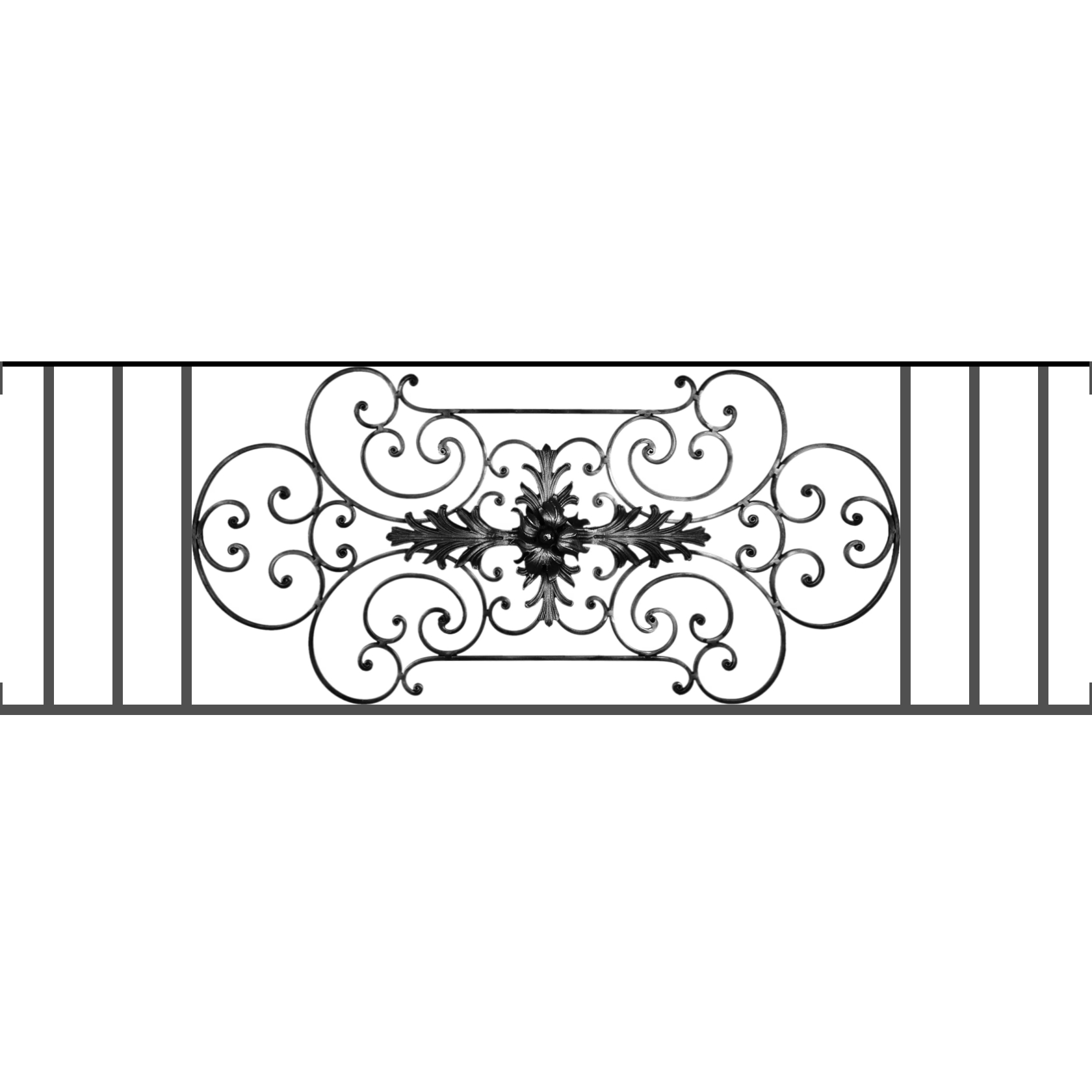 Appui de fenêtre type AF012 à visser dans votre tableau de fenêtre. Longueur finie de 1680mm et Hauteur finie de 544mm. Convient pour les tableaux de fenêtre de 1680mm. Main courante laminée de 1680mm de long en fer forgé sur le dessus. Motif au centre de 1090mm de long par 520mm de haut. Le reste de la structure est en tube acier carré de 16mm de section.