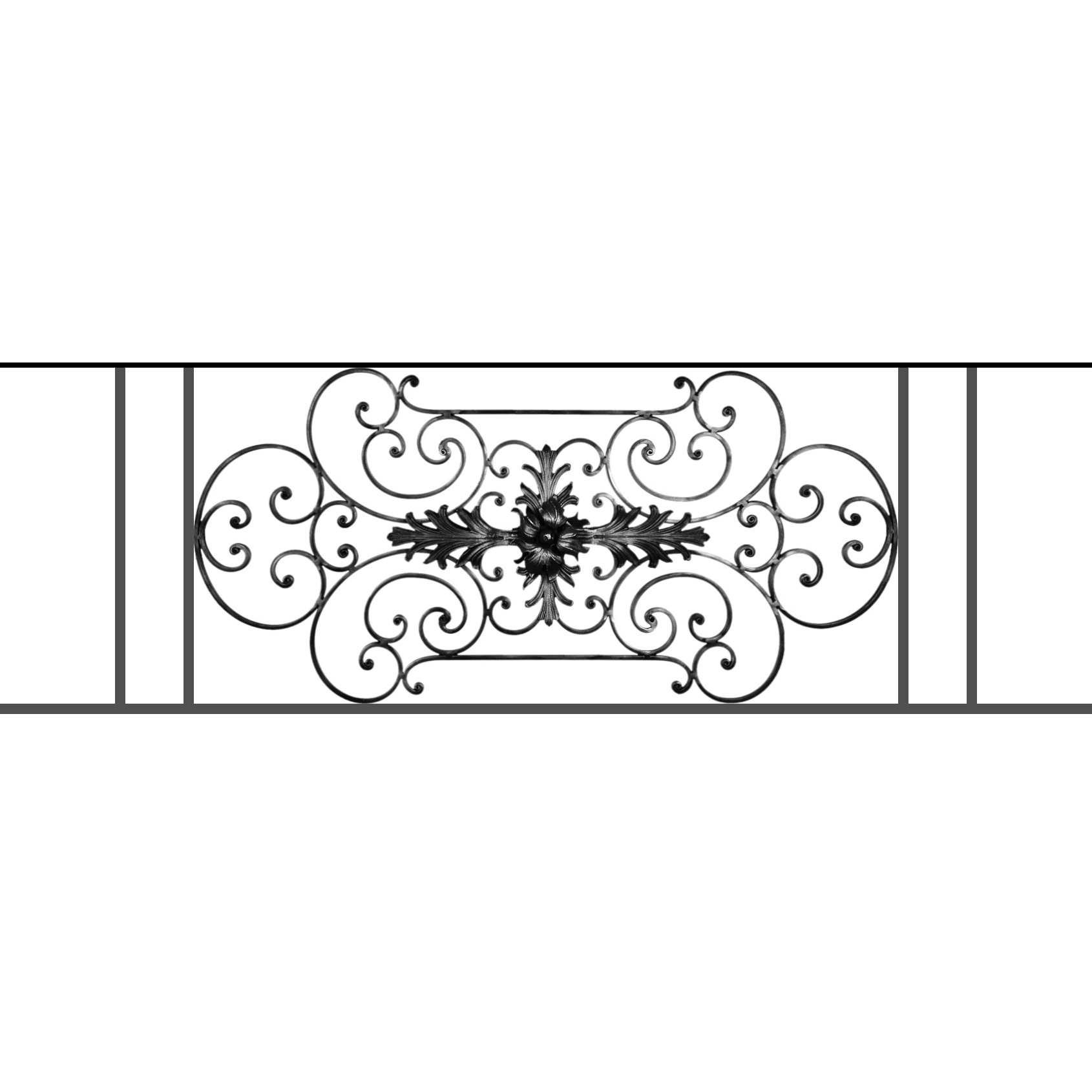 Appui de fenêtre type AF012 à sceller dans votre tableau de fenêtre. Longueur finie de 1690mm et Hauteur finie de 544mm. Convient pour les tableaux de fenêtre de 1590mm. 50mm de scellement sont prévue de chaque côté. Main courante laminée de 1590mm de long en fer forgé sur le dessus. Motif au centre de 1090mm de long par 520mm de haut. Le reste de la structure est en tube acier carré de 16mm de section.