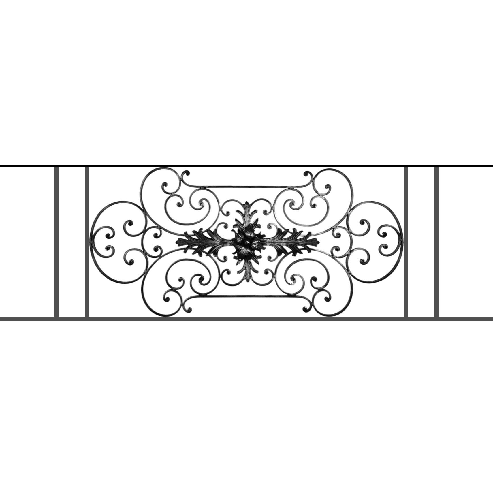 Appui de fenêtre type AF012 à sceller dans votre tableau de fenêtre. Longueur finie de 1710mm et Hauteur finie de 544mm. Convient pour les tableaux de fenêtre de 1610mm. 50mm de scellement sont prévue de chaque côté. Main courante laminée de 1610mm de long en fer forgé sur le dessus. Motif au centre de 1090mm de long par 520mm de haut. Le reste de la structure est en tube acier carré de 16mm de section.