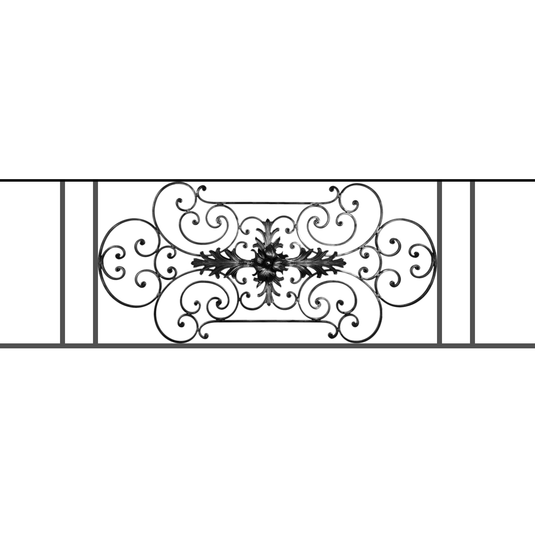 Appui de fenêtre type AF012 à sceller dans votre tableau de fenêtre. Longueur finie de 1720mm et Hauteur finie de 544mm. Convient pour les tableaux de fenêtre de 1620mm. 50mm de scellement sont prévue de chaque côté. Main courante laminée de 1620mm de long en fer forgé sur le dessus. Motif au centre de 1090mm de long par 520mm de haut. Le reste de la structure est en tube acier carré de 16mm de section.