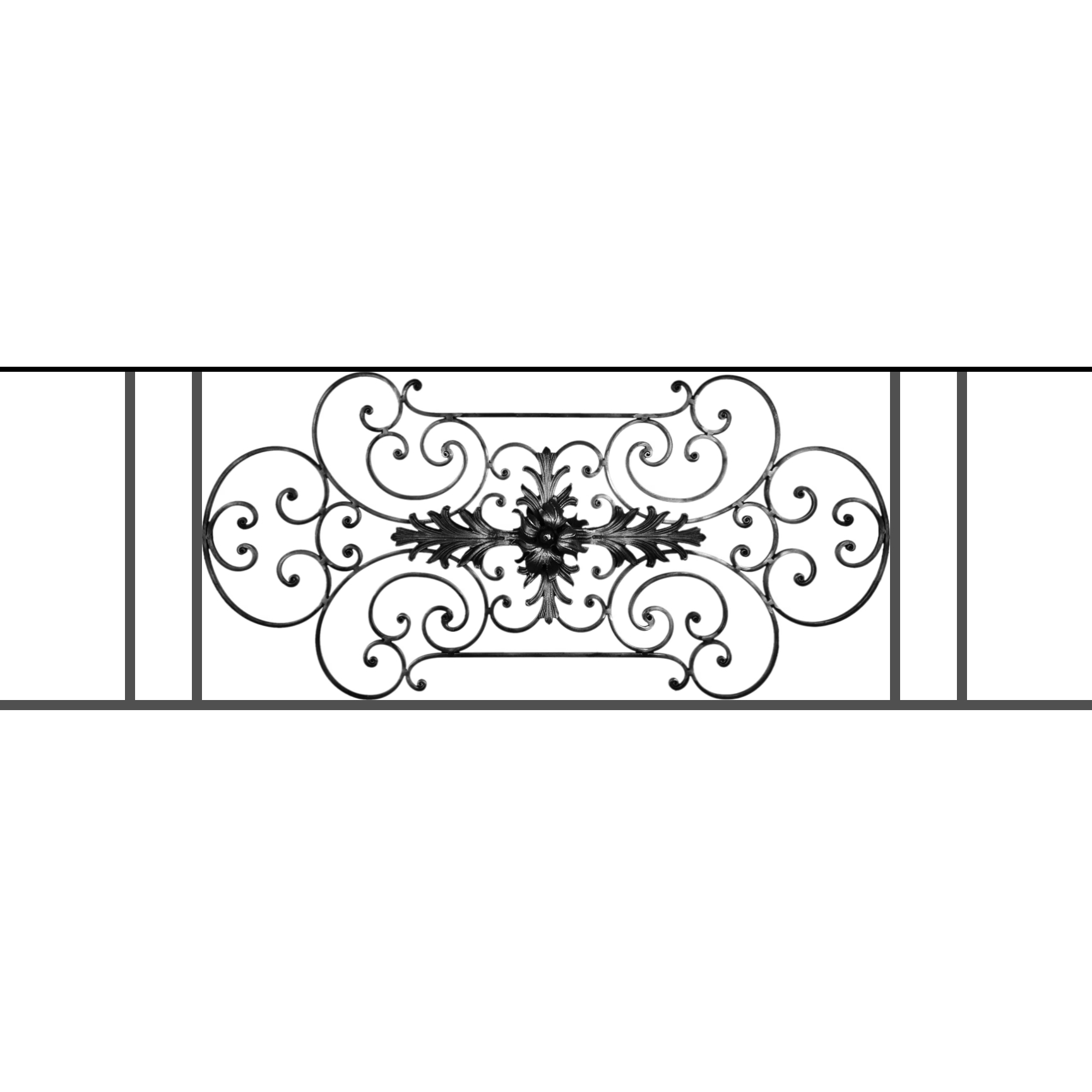Appui de fenêtre type AF012 à sceller dans votre tableau de fenêtre. Longueur finie de 1730mm et Hauteur finie de 544mm. Convient pour les tableaux de fenêtre de 1630mm. 50mm de scellement sont prévue de chaque côté. Main courante laminée de 1630mm de long en fer forgé sur le dessus. Motif au centre de 1090mm de long par 520mm de haut. Le reste de la structure est en tube acier carré de 16mm de section.