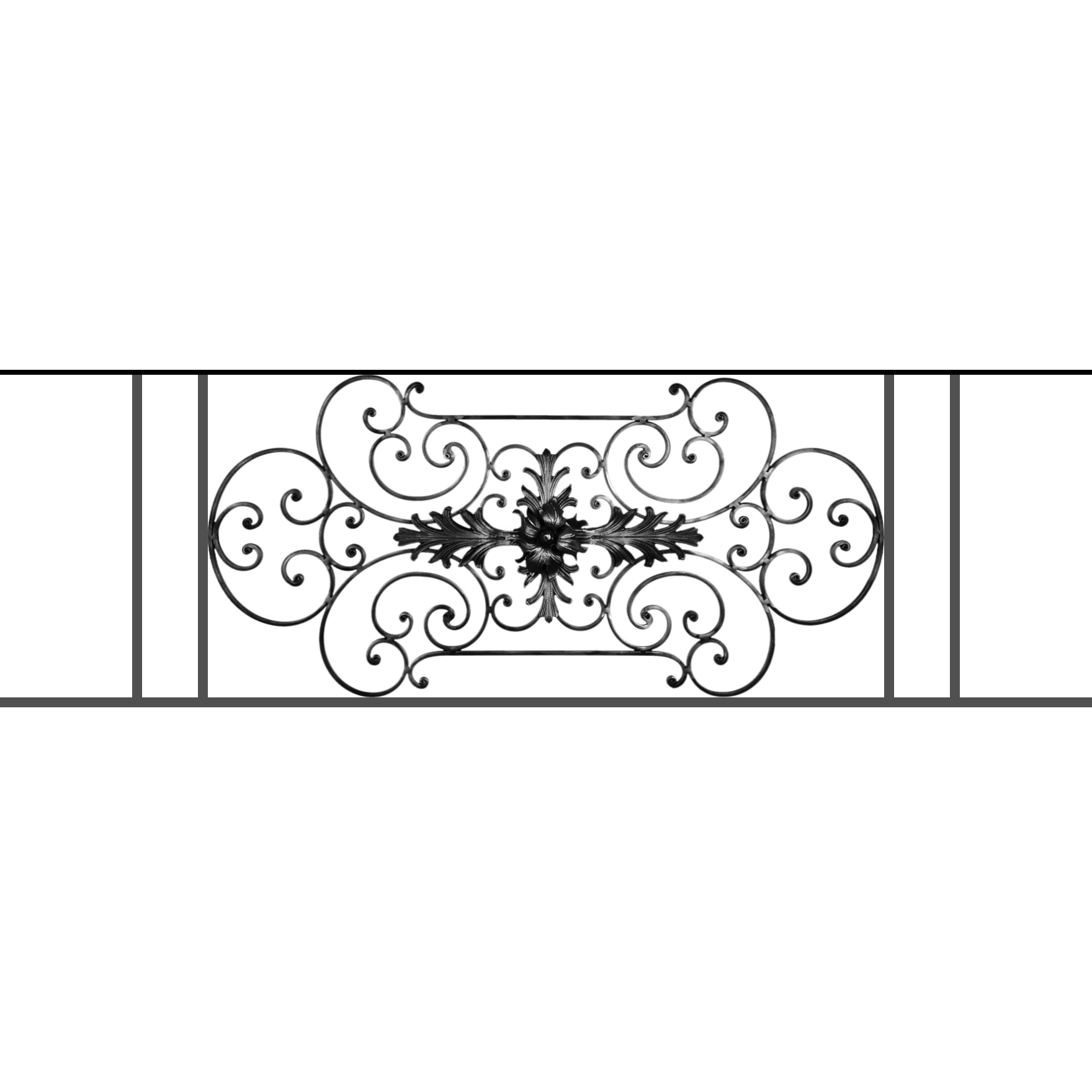 Appui de fenêtre type AF012 à sceller dans votre tableau de fenêtre. Longueur finie de 1760mm et Hauteur finie de 544mm. Convient pour les tableaux de fenêtre de 1660mm. 50mm de scellement sont prévue de chaque côté. Main courante laminée de 1660mm de long en fer forgé sur le dessus. Motif au centre de 1090mm de long par 520mm de haut. Le reste de la structure est en tube acier carré de 16mm de section.