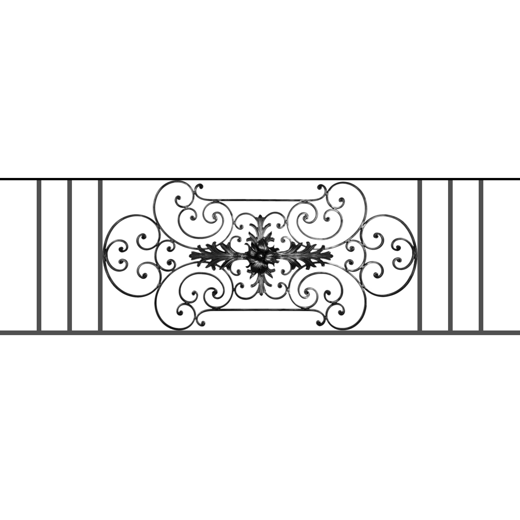 Appui de fenêtre type AF012 à sceller dans votre tableau de fenêtre. Longueur finie de 1800mm et Hauteur finie de 544mm. Convient pour les tableaux de fenêtre de 1700mm. 50mm de scellement sont prévue de chaque côté. Main courante laminée de 1700mm de long en fer forgé sur le dessus. Motif au centre de 1090mm de long par 520mm de haut. Le reste de la structure est en tube acier carré de 16mm de section.